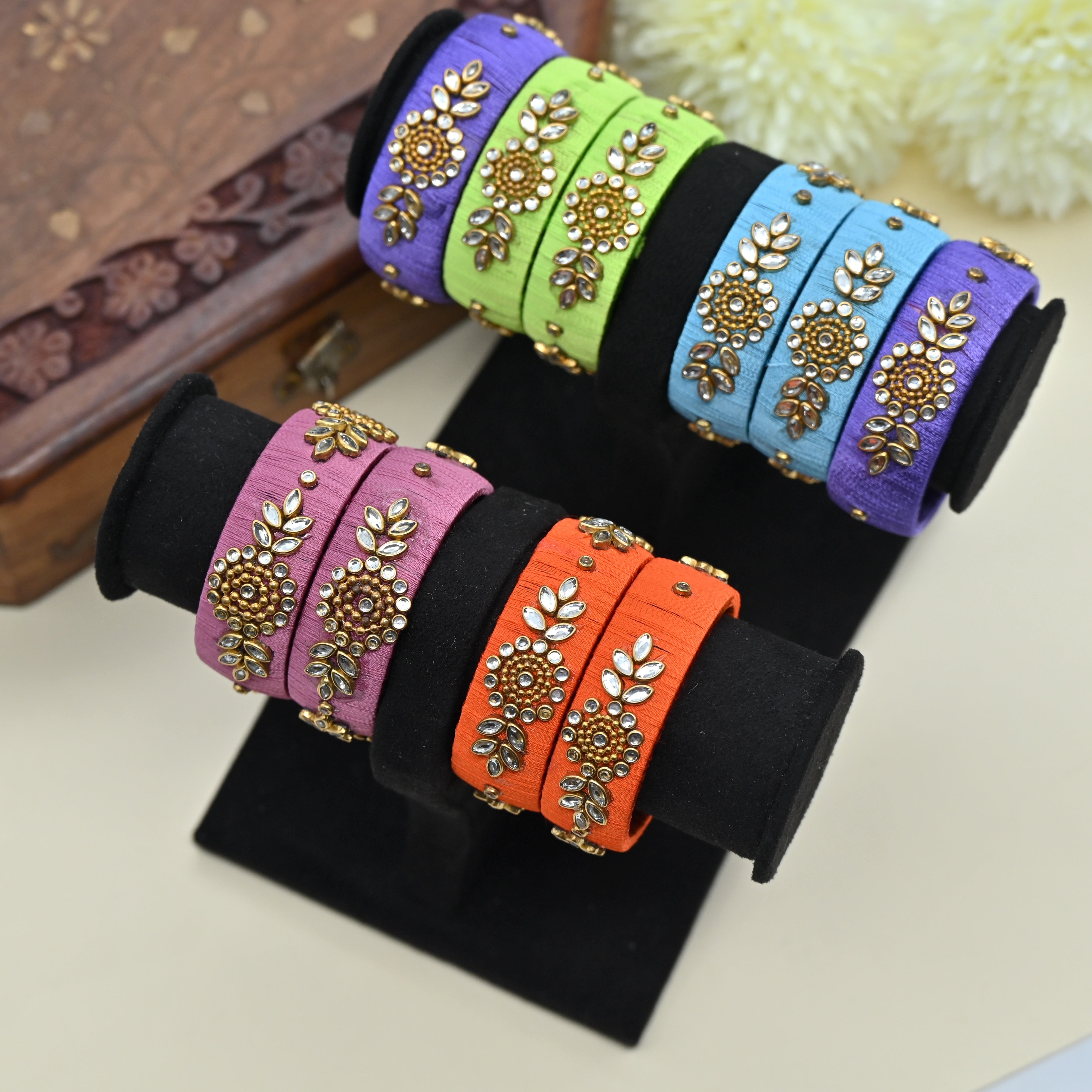 Thick Handmade Plain Silk Thread Kundan Bangles Combo For Kids - Assorted Colours Pack of 5 Pairs of Bangles