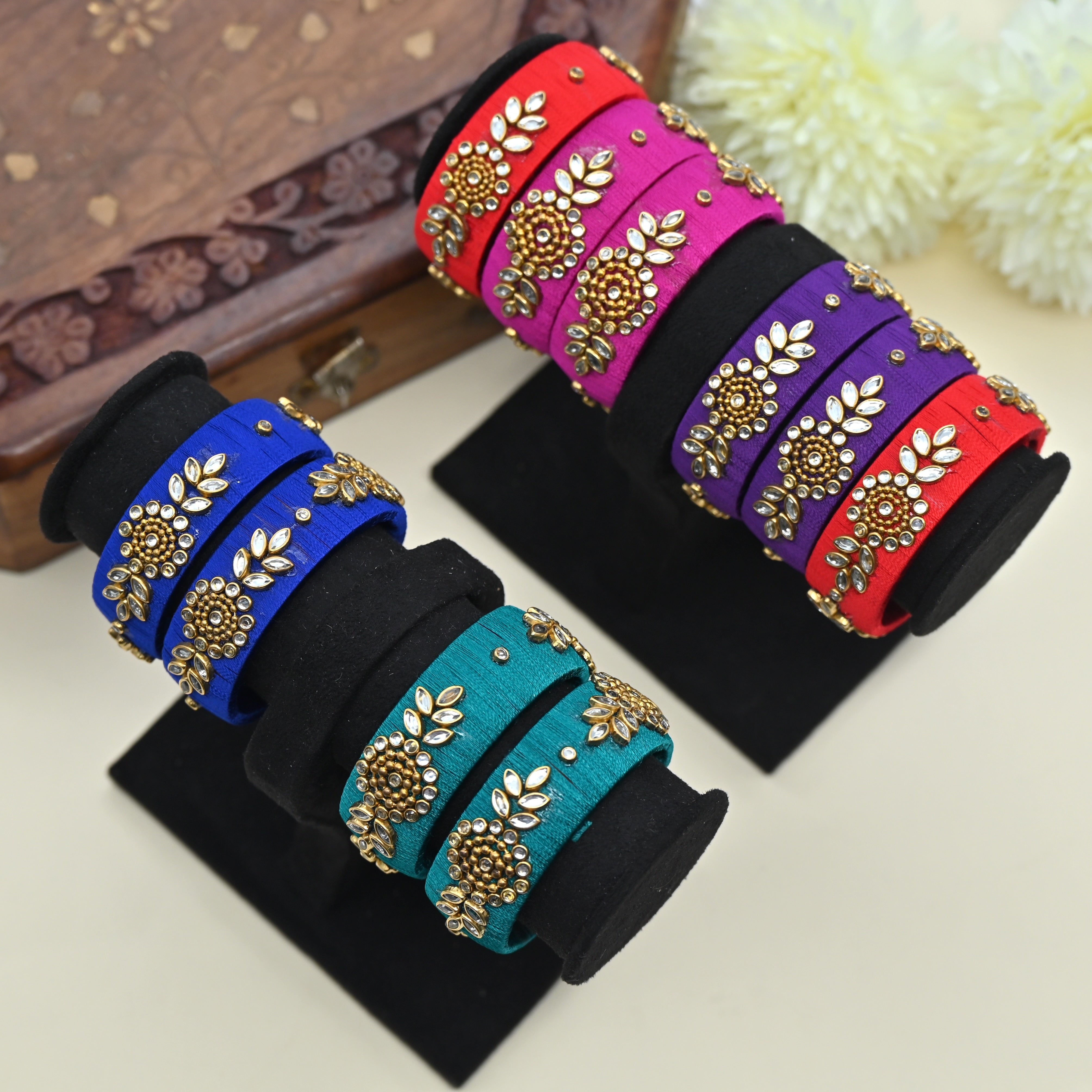 Thick Handmade Plain Silk Thread Kundan Bangles Combo For Kids - Assorted Colours Pack of 5 Pairs of Bangles