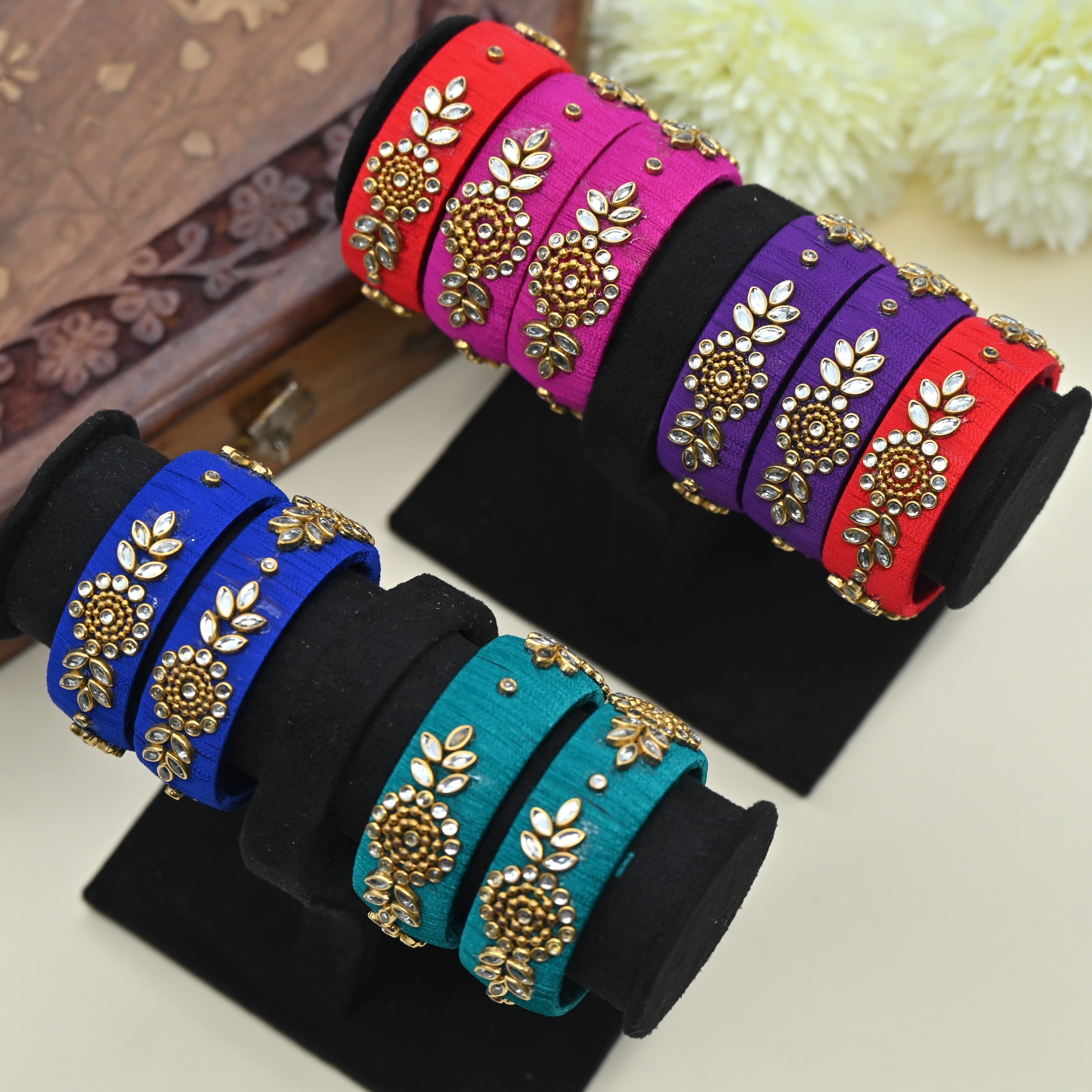 Thick Handmade Plain Silk Thread Kundan Bangles Combo For Kids - Assorted Colours Pack of 5 Pairs of Bangles