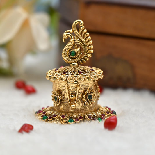 Antique Gold Kemp Traditional Peacock Haldi/Kumkum Box - Sindoor Dabbi