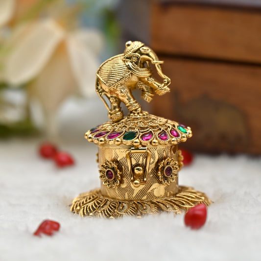 Antique Gold Kemp Elephant Haldi/Kumkum Box - Sindoor Dabbi