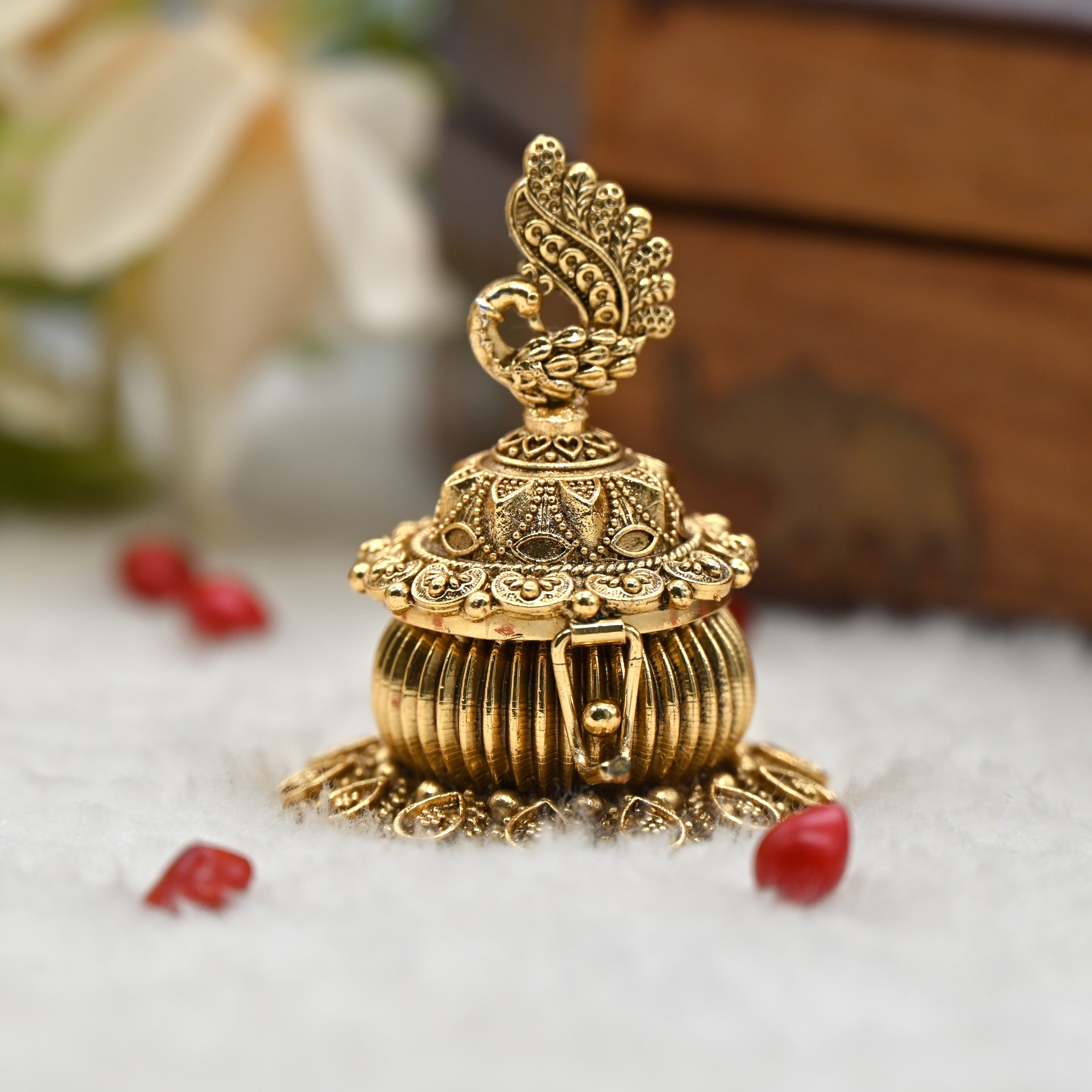 Antique Gold Kemp Round Peacock Haldi/Kumkum Box - Sindoor Dabbi