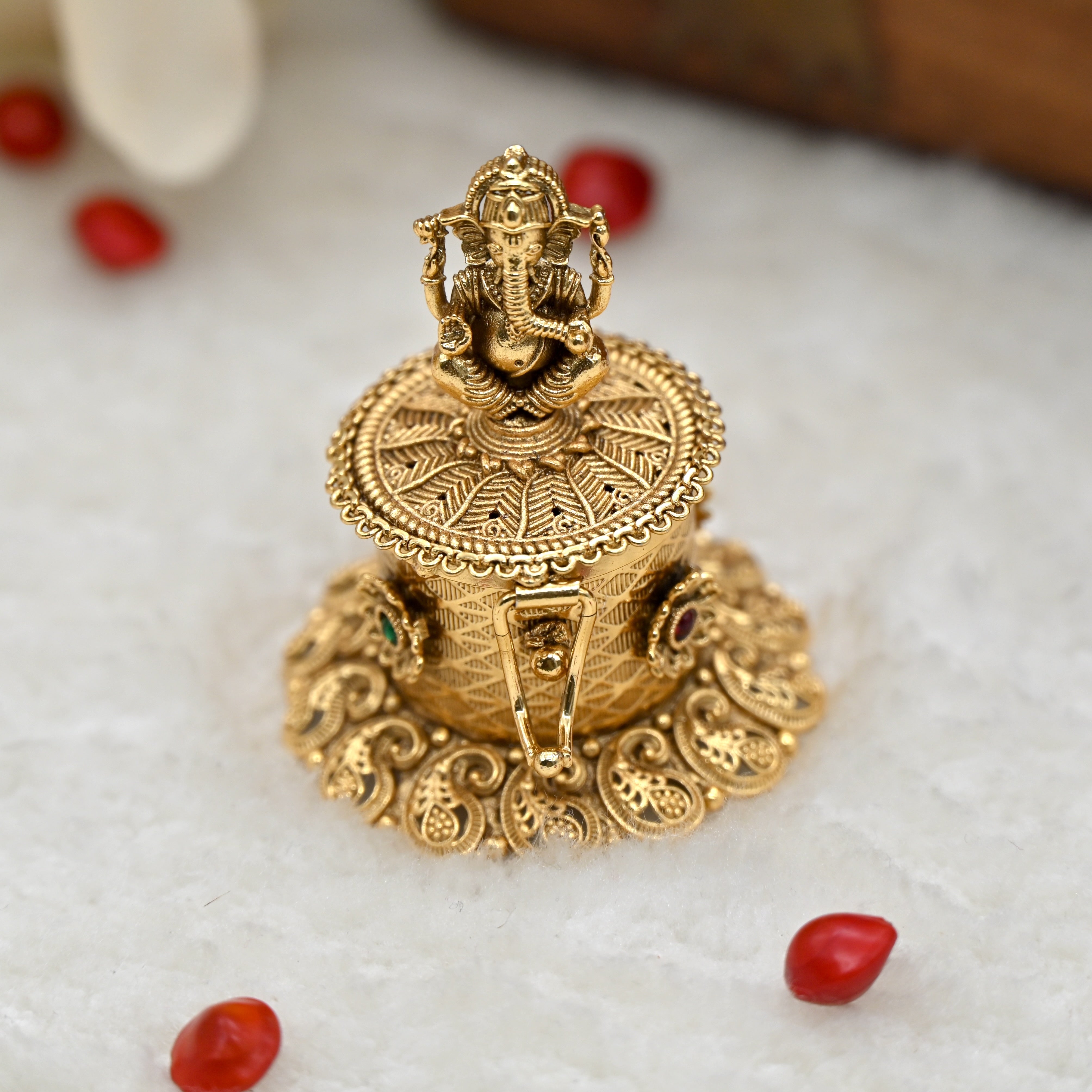 Antique Gold Kemp Ganesha Haldi/Kumkum Box - Sindoor Dabbi