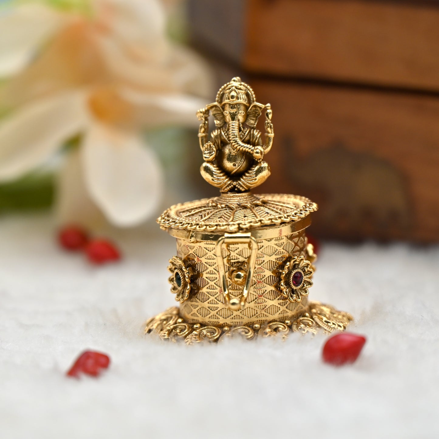 Antique Gold Kemp Ganesha Haldi/Kumkum Box - Sindoor Dabbi