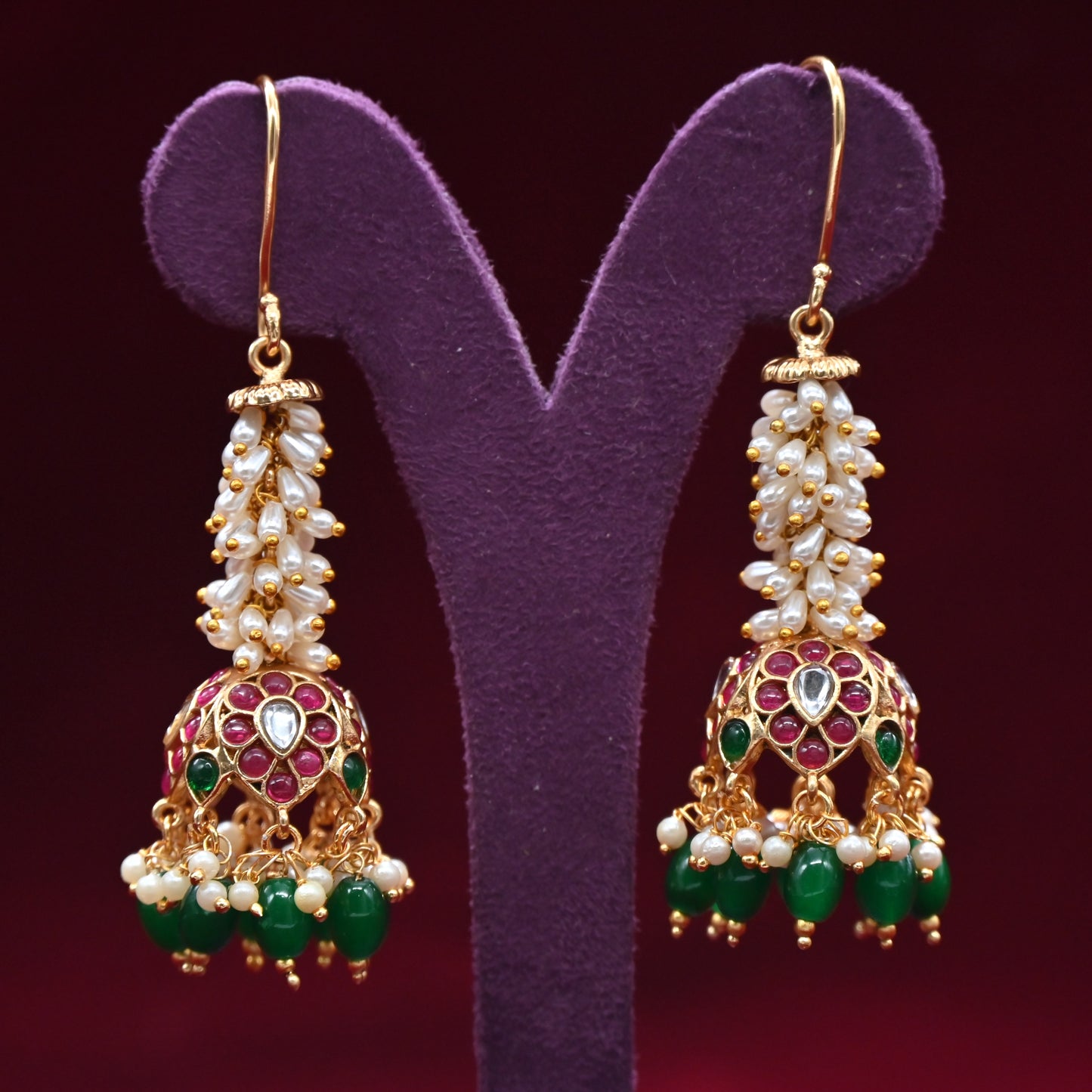 Antique Gold Rice Pearl Hanging Bridal Kemp Jhumkas