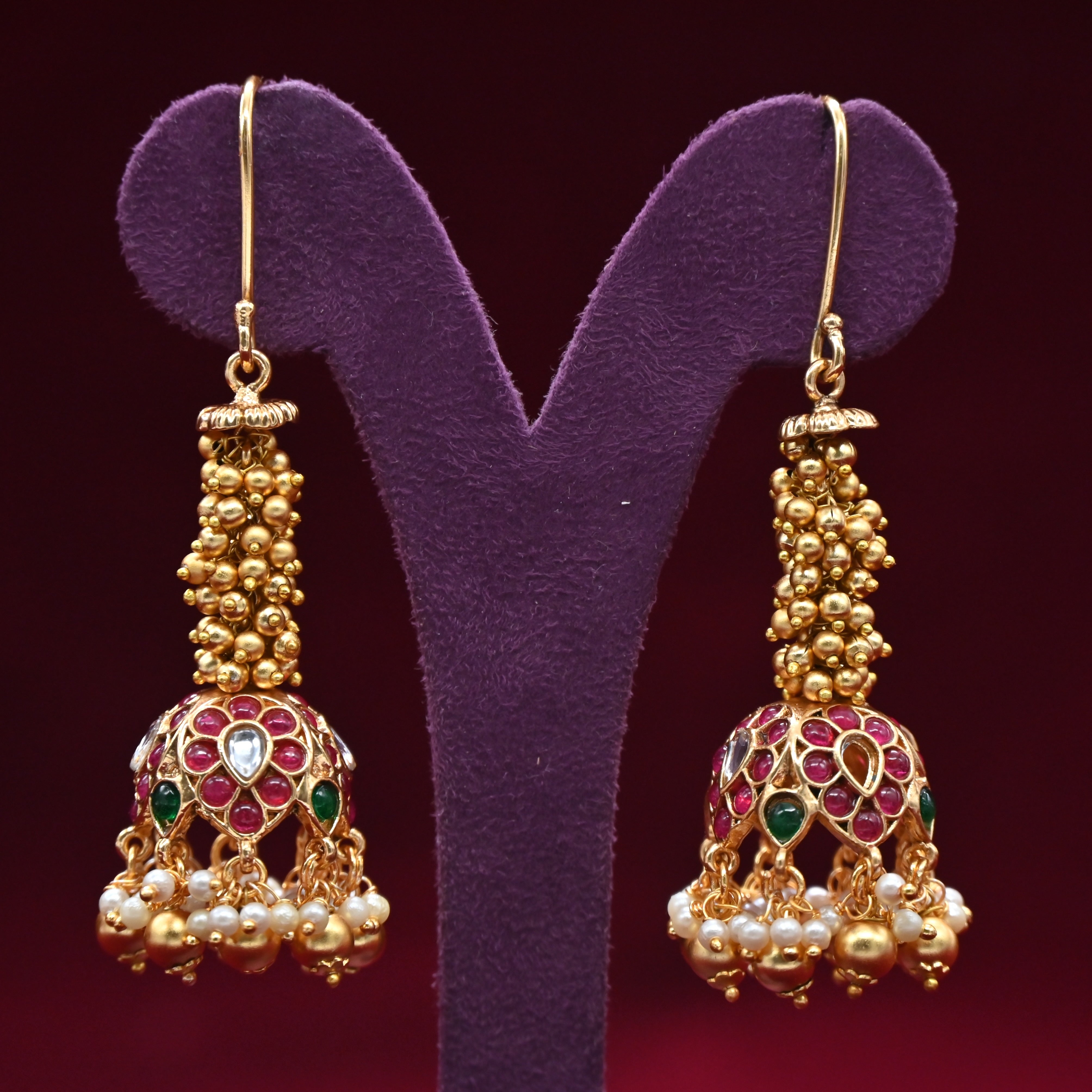 Antique Gold Beads Bunch Hanging Bridal Kemp Jhumkas