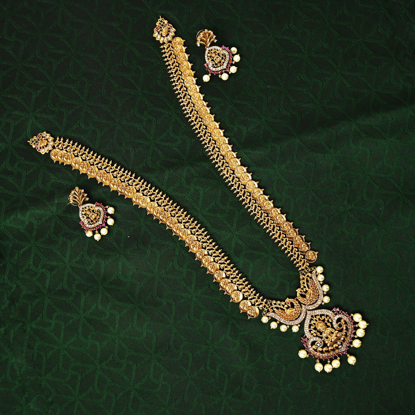 Exquisite Antique Matte Rettapakshi Lakshmi Pendant: Long Bridal Coin/Kaasu Haaram