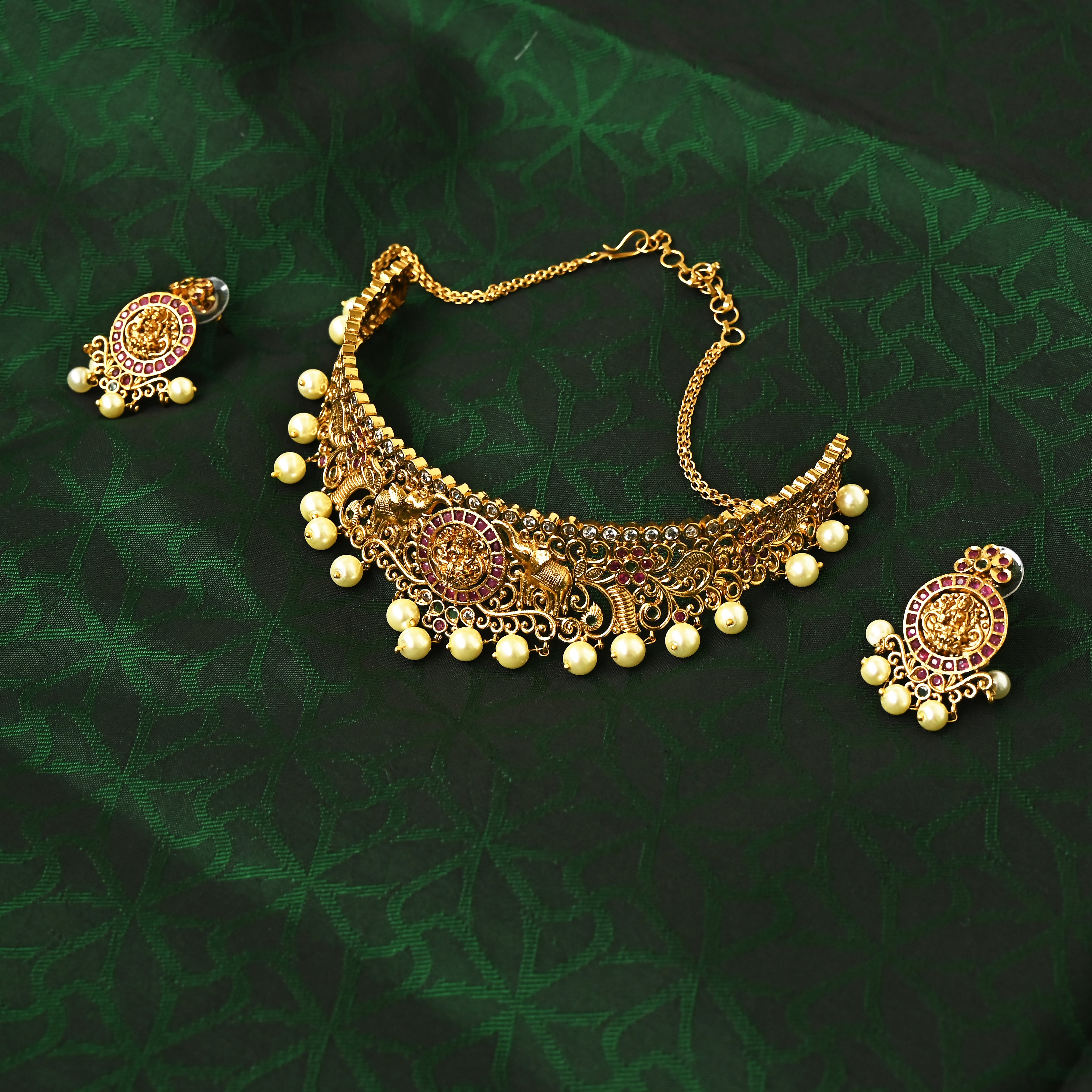 Cute and Traditional Antique Gold AD Gajalakshmi High Neck Choker Necklace Set - Kids Friendly