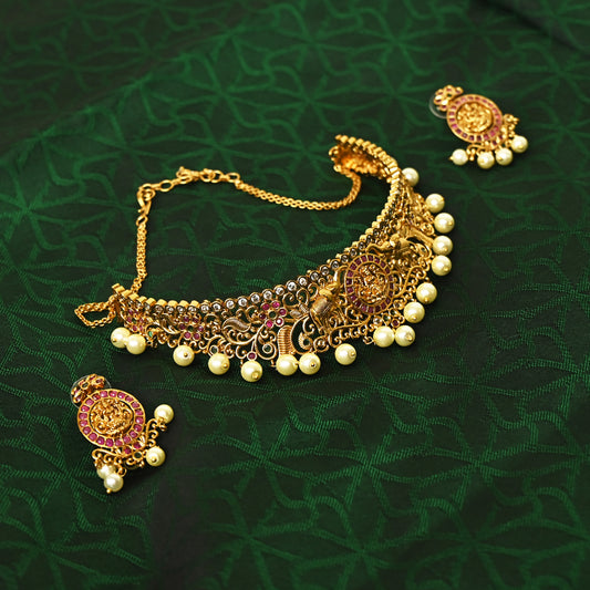 Cute and Traditional Antique Gold AD Gajalakshmi High Neck Choker Necklace Set - Kids Friendly