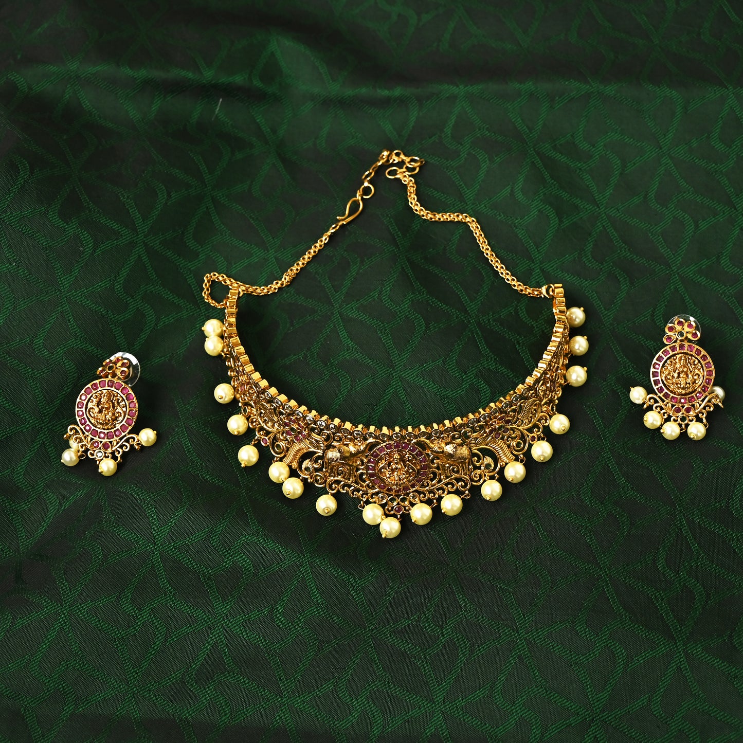Cute and Traditional Antique Gold AD Gajalakshmi High Neck Choker Necklace Set - Kids Friendly