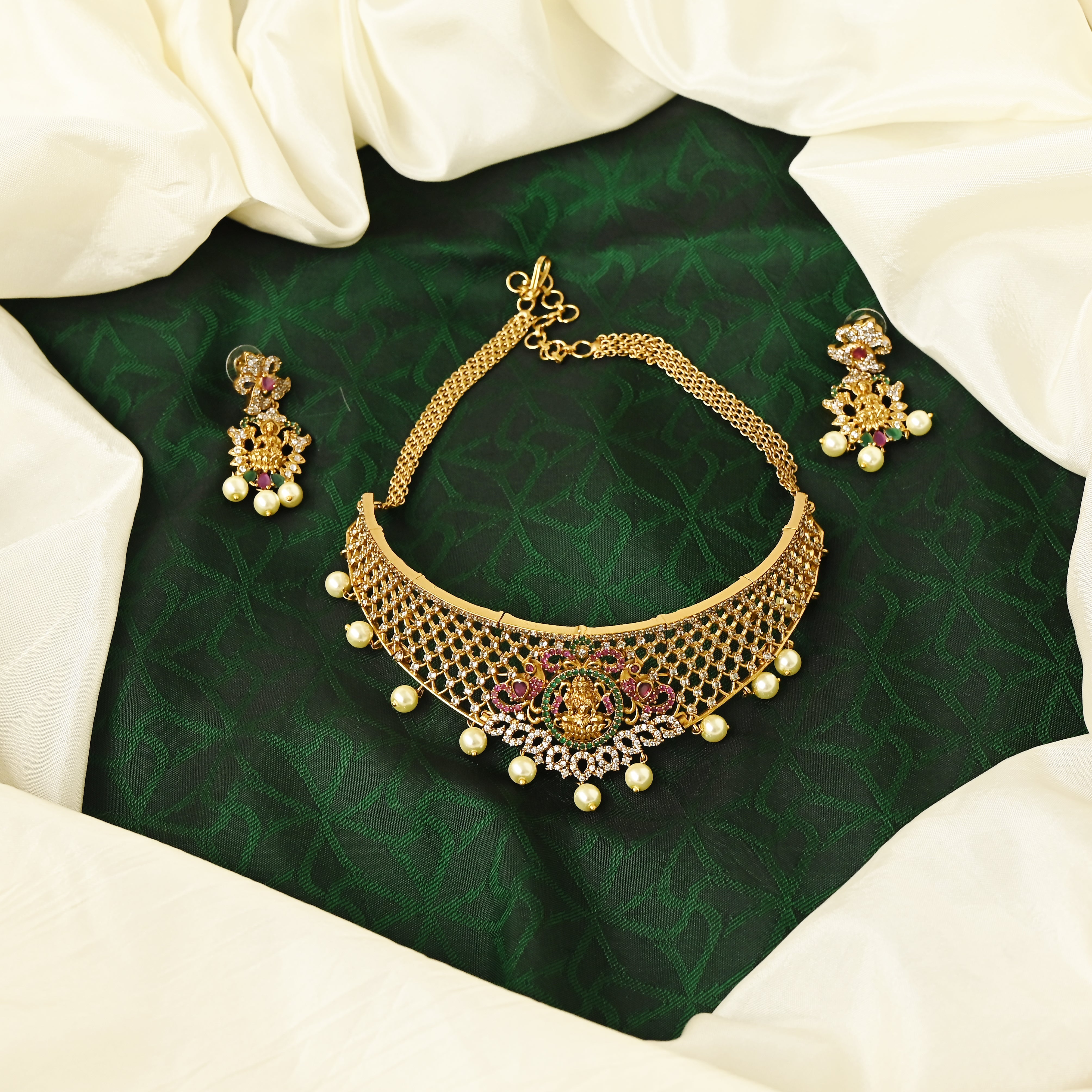 Kids Friendly Antique Gold AD Mahalakshmi High Neck Choker Necklace Set