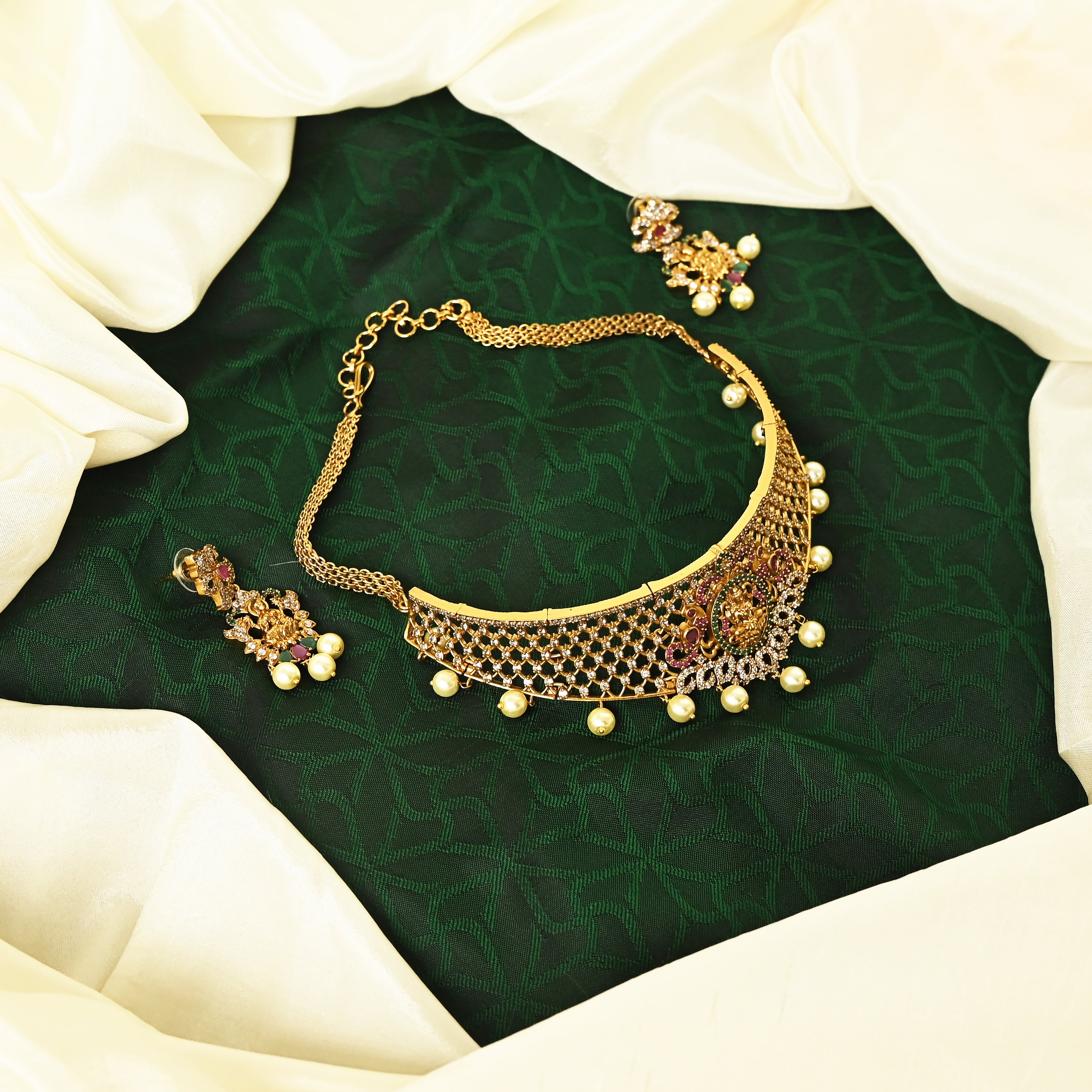 Kids Friendly Antique Gold AD Mahalakshmi High Neck Choker Necklace Set