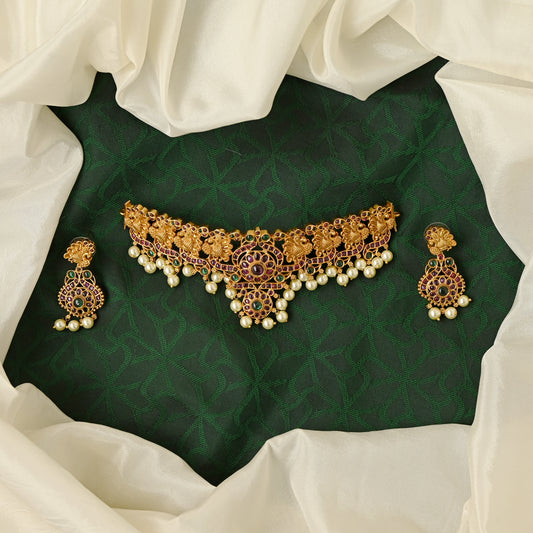 Elegant Matte Finish Mayuri Kemp High Neck Choker Set - Exquisite Indian Temple Jewelry