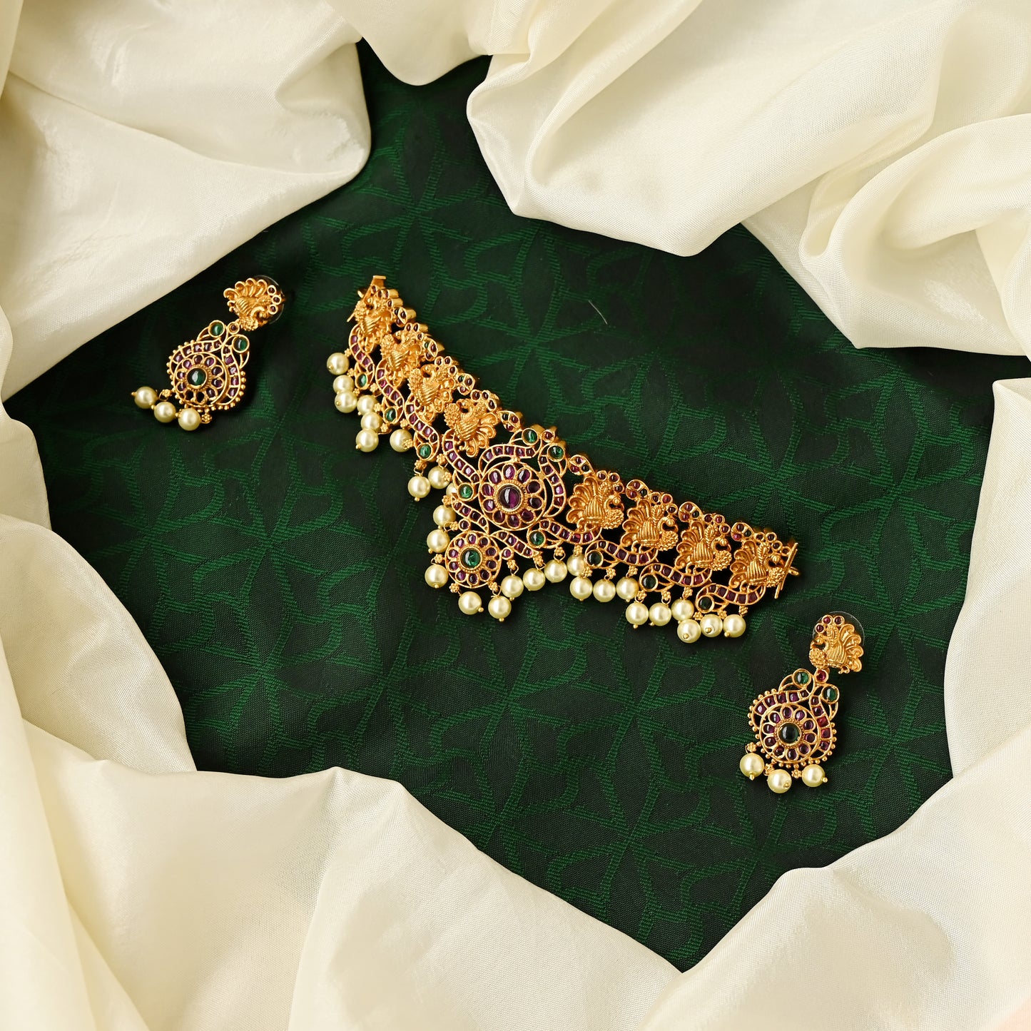 Elegant Matte Finish Mayuri Kemp High Neck Choker Set - Exquisite Indian Temple Jewelry