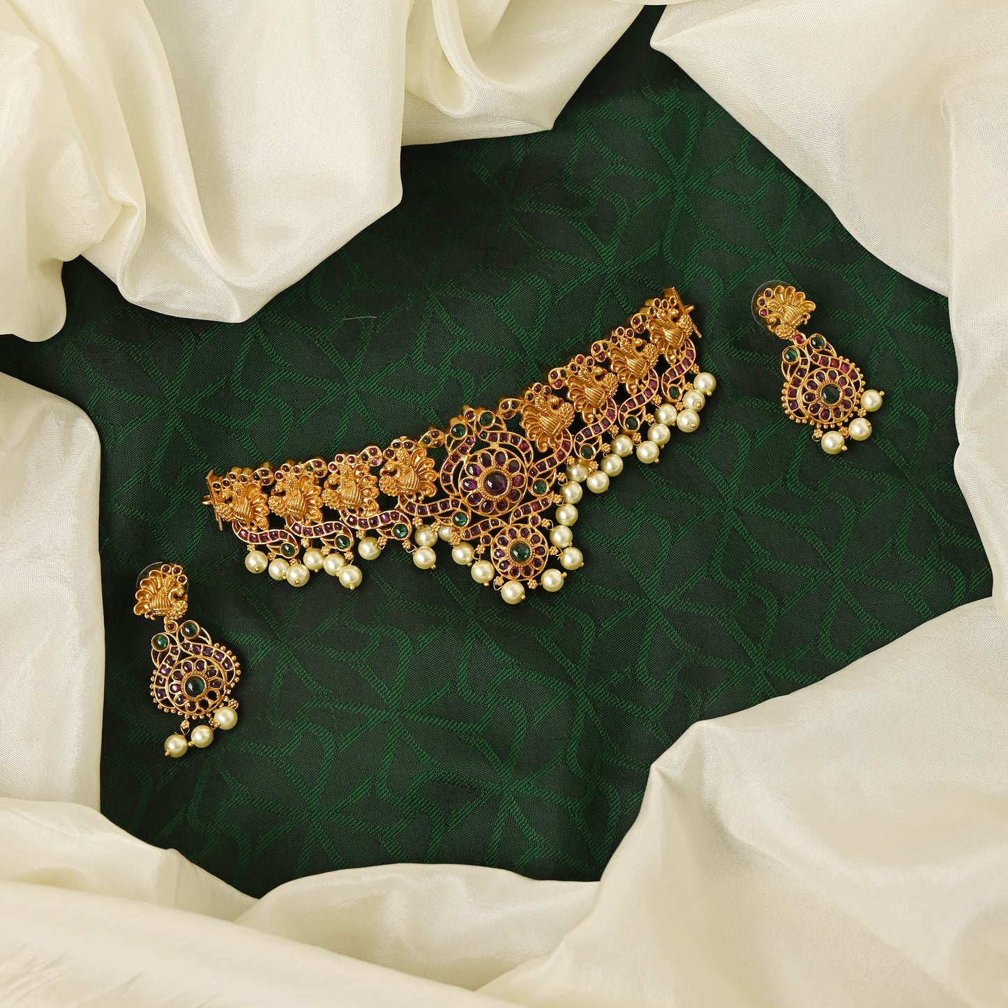 Elegant Matte Finish Mayuri Kemp High Neck Choker Set - Exquisite Indian Temple Jewelry
