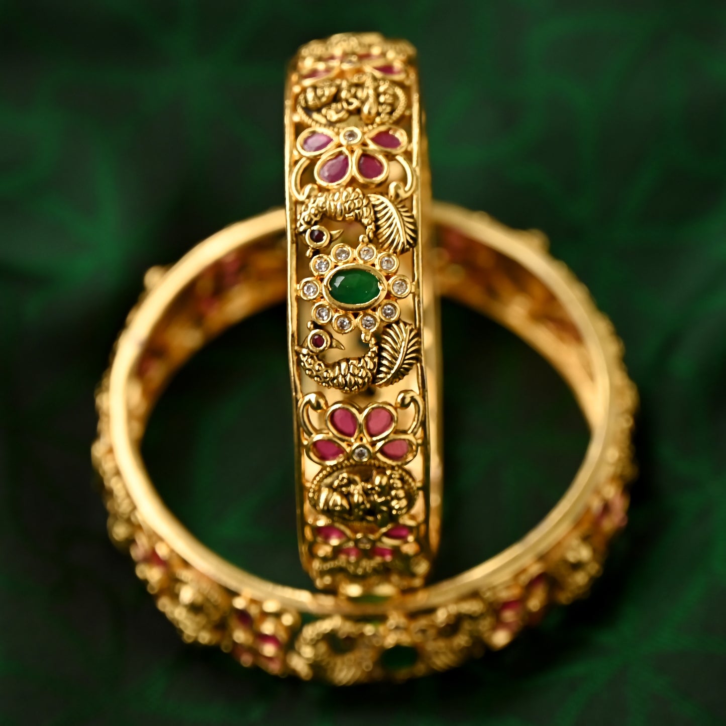 Antique Gold Mayuri Lakshmi AD Thick Bridal Bangles - Traditional and Elegant - Size: 2.4