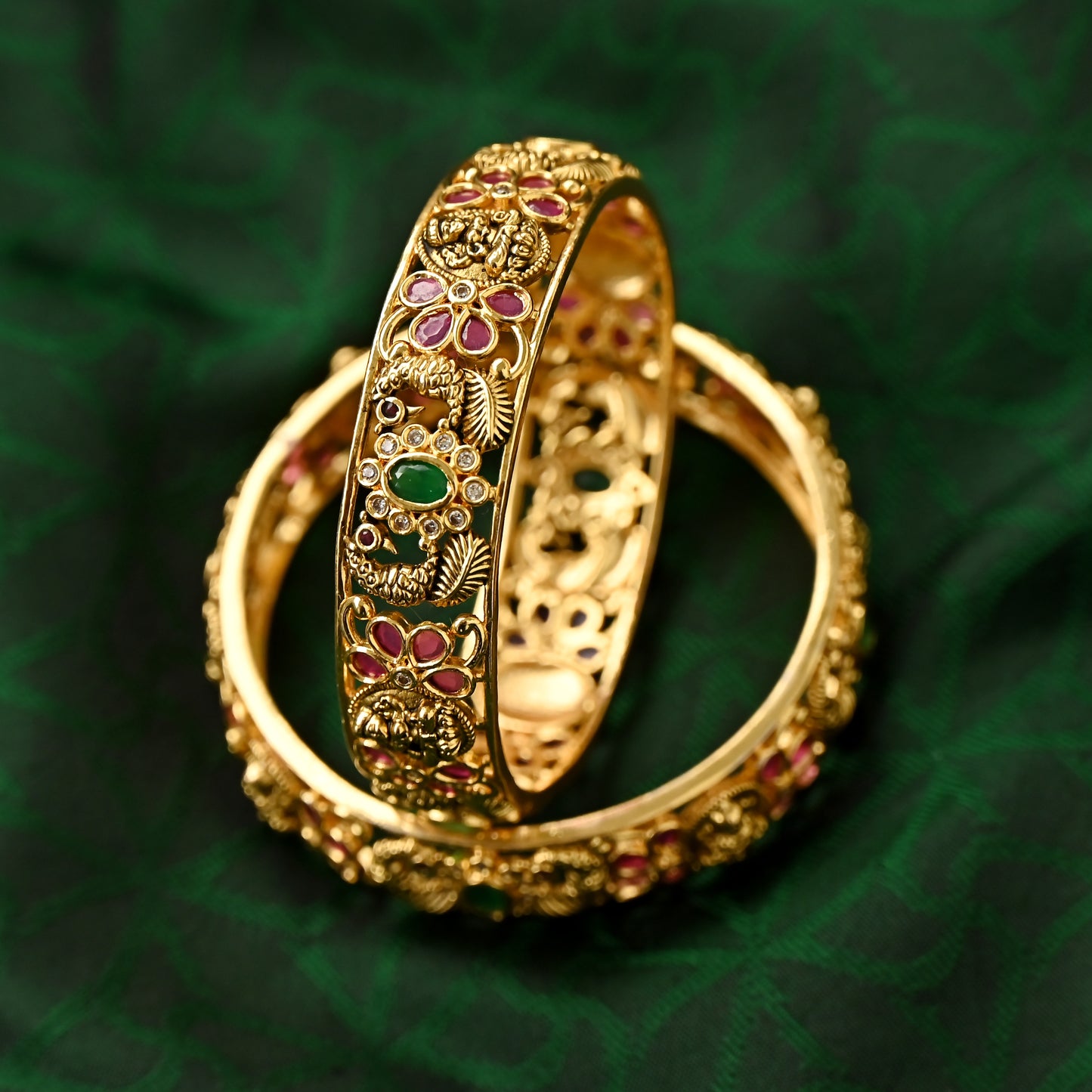 Antique Gold Mayuri Lakshmi AD Thick Bridal Bangles - Traditional and Elegant - Size: 2.4