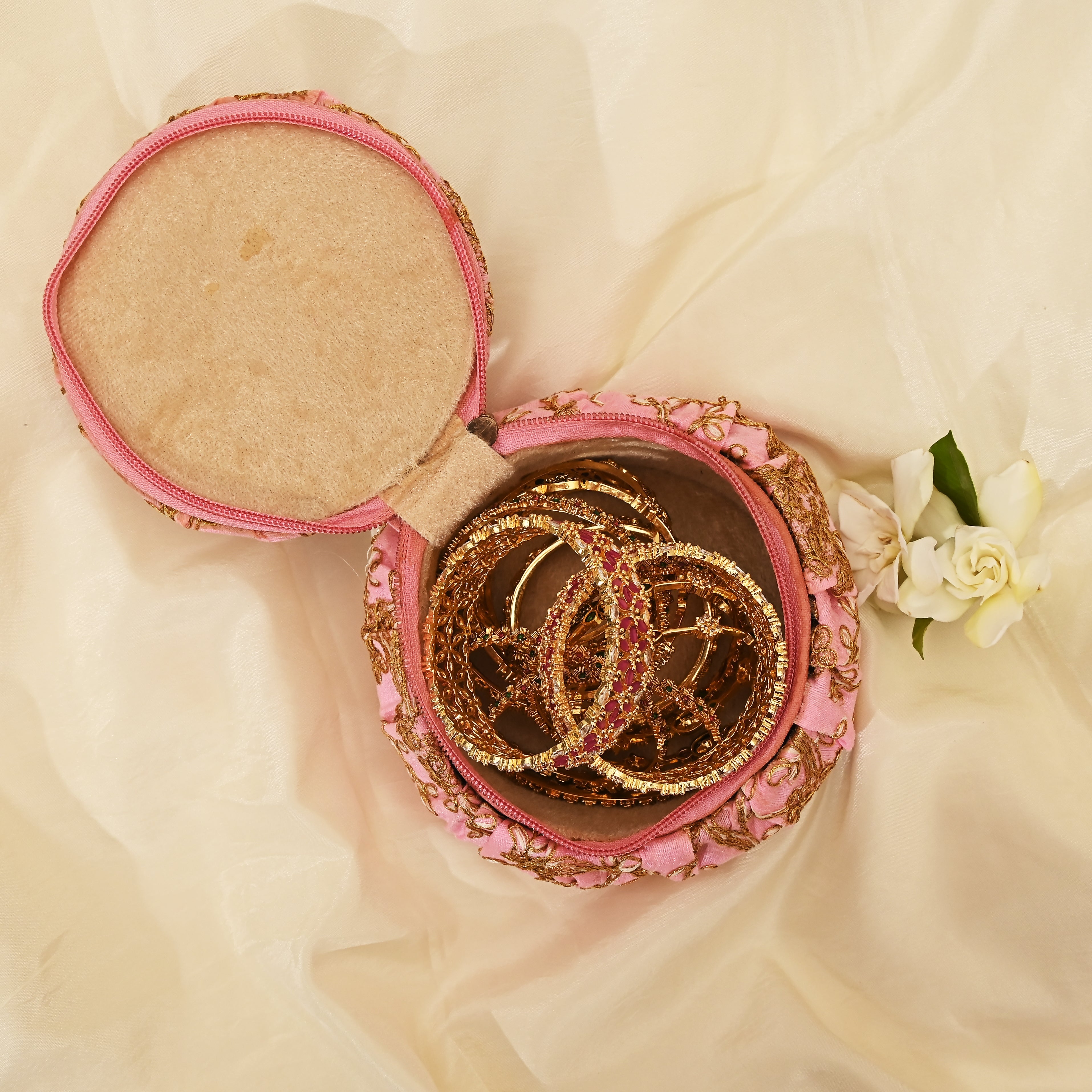 Exquisite Embroidered Silk Fabric Big Matki Bangle Box - The Perfect Return Gift For All Ages - Rose