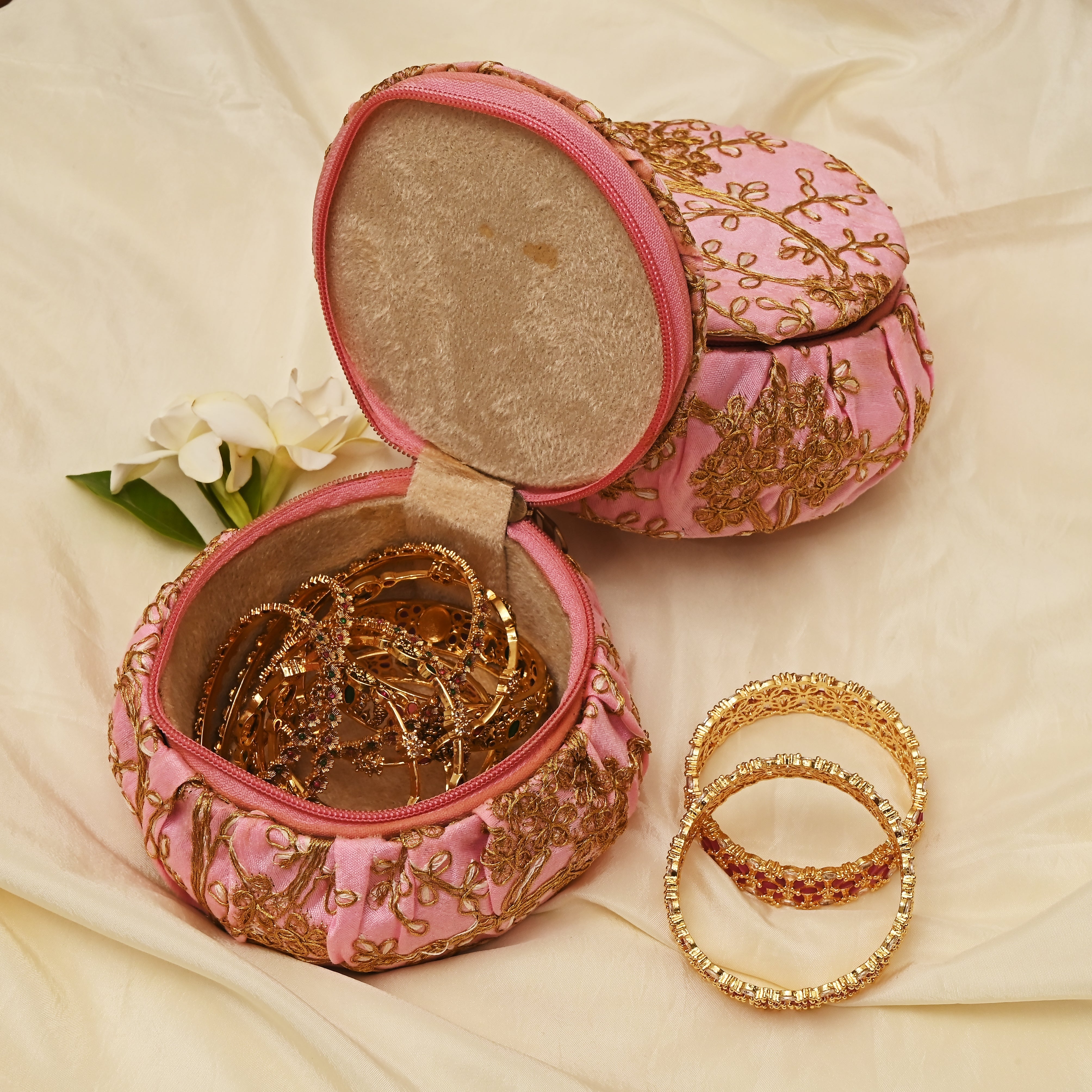 Exquisite Embroidered Silk Fabric Big Matki Bangle Box - The Perfect Return Gift For All Ages - Rose