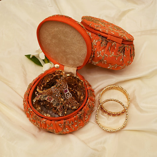 Exquisite Embroidered Silk Fabric Big Matki Bangle Box - The Perfect Return Gift For All Ages - Orange