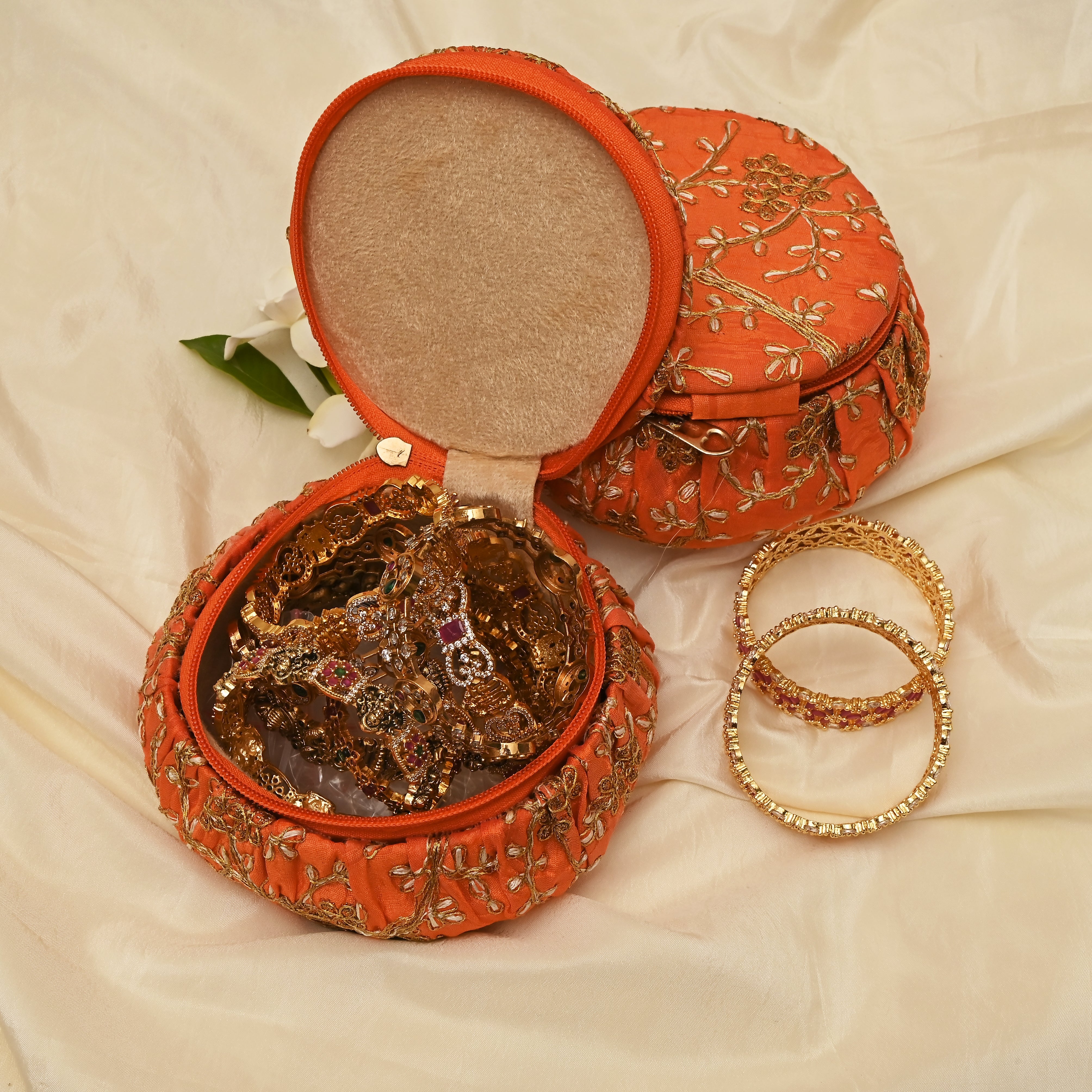 Exquisite Embroidered Silk Fabric Big Matki Bangle Box - The Perfect Return Gift For All Ages - Orange