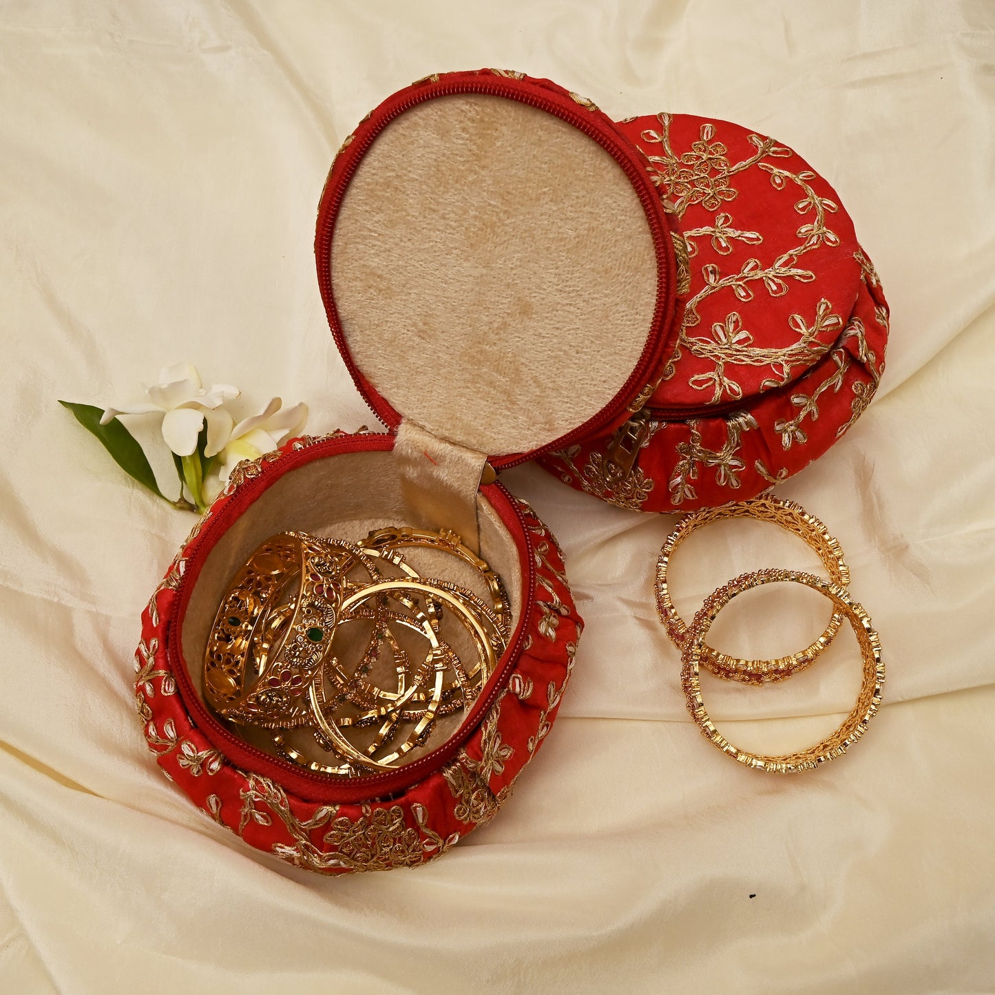 Exquisite Embroidered Silk Fabric Big Matki Bangle Box - The Perfect Return Gift For All Ages - Red