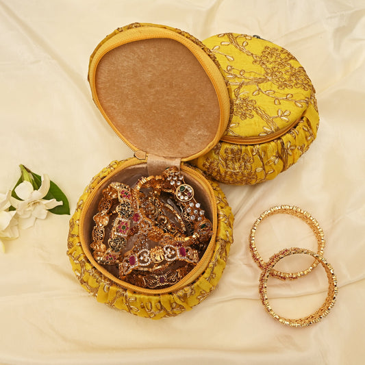 Exquisite Embroidered Silk Fabric Big Matki Bangle Box - The Perfect Return Gift For All Ages - Yellow