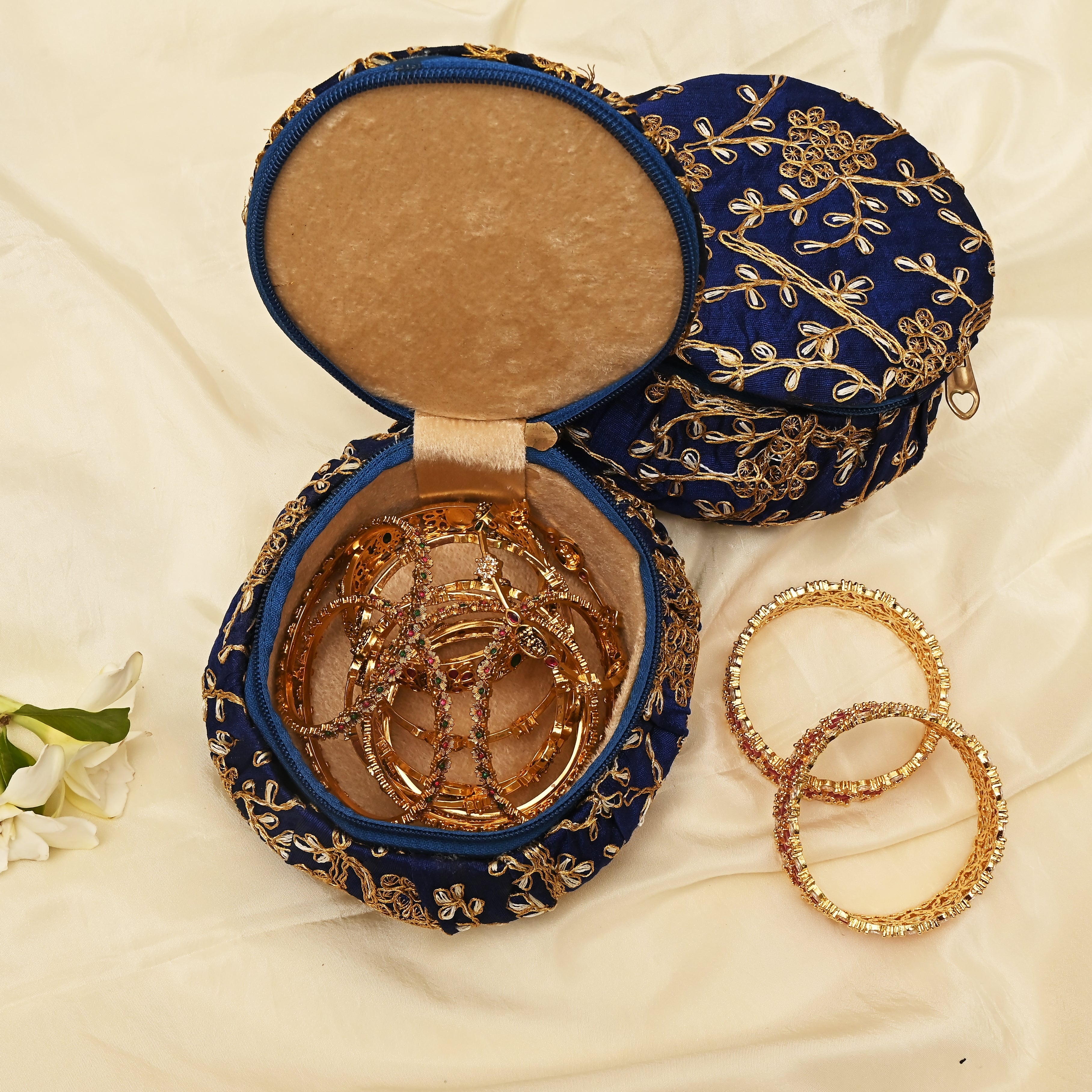 Exquisite Embroidered Silk Fabric Big Matki Bangle Box - The Perfect Return Gift For All Ages - Blue