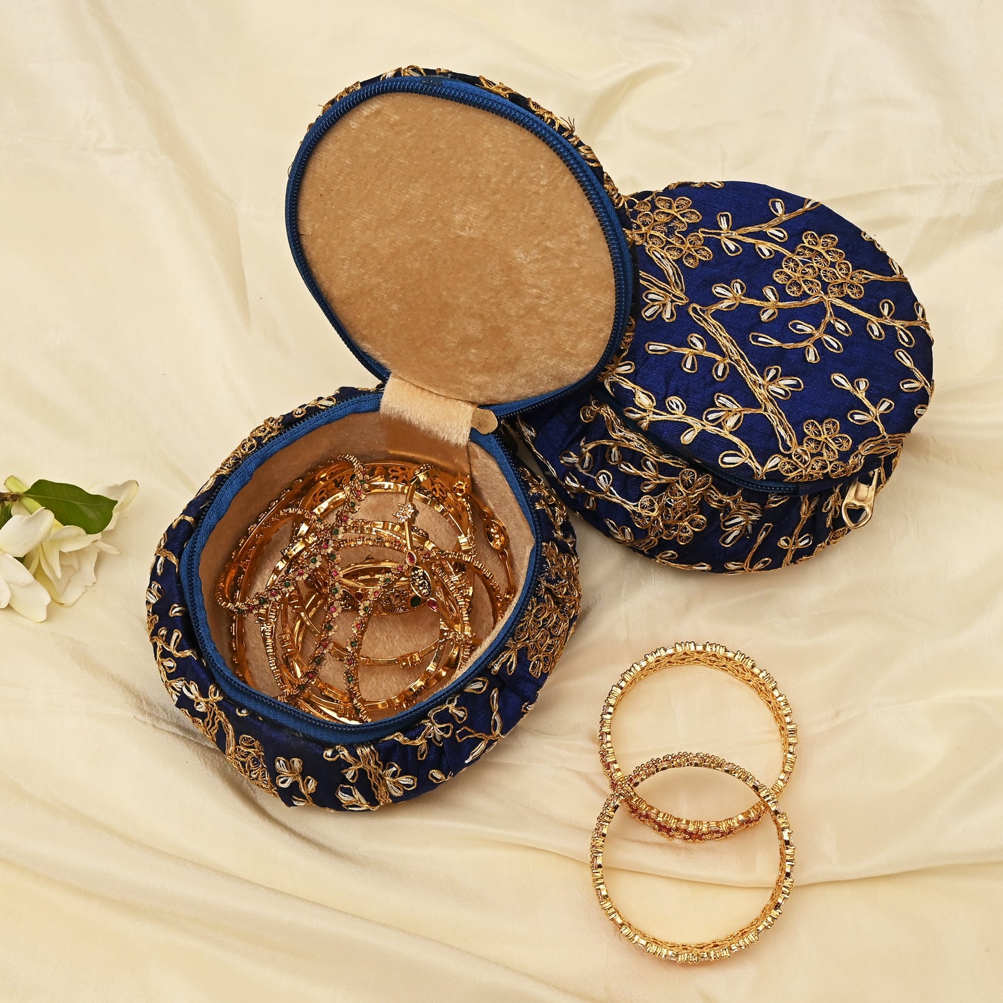 Exquisite Embroidered Silk Fabric Big Matki Bangle Box - The Perfect Return Gift For All Ages - Blue