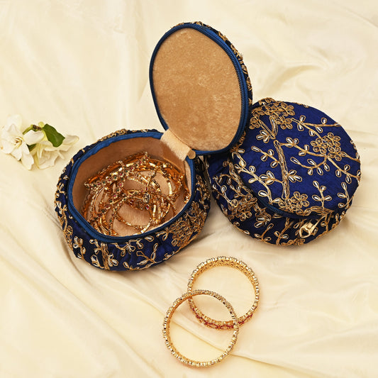 Exquisite Embroidered Silk Fabric Big Matki Bangle Box - The Perfect Return Gift For All Ages - Blue