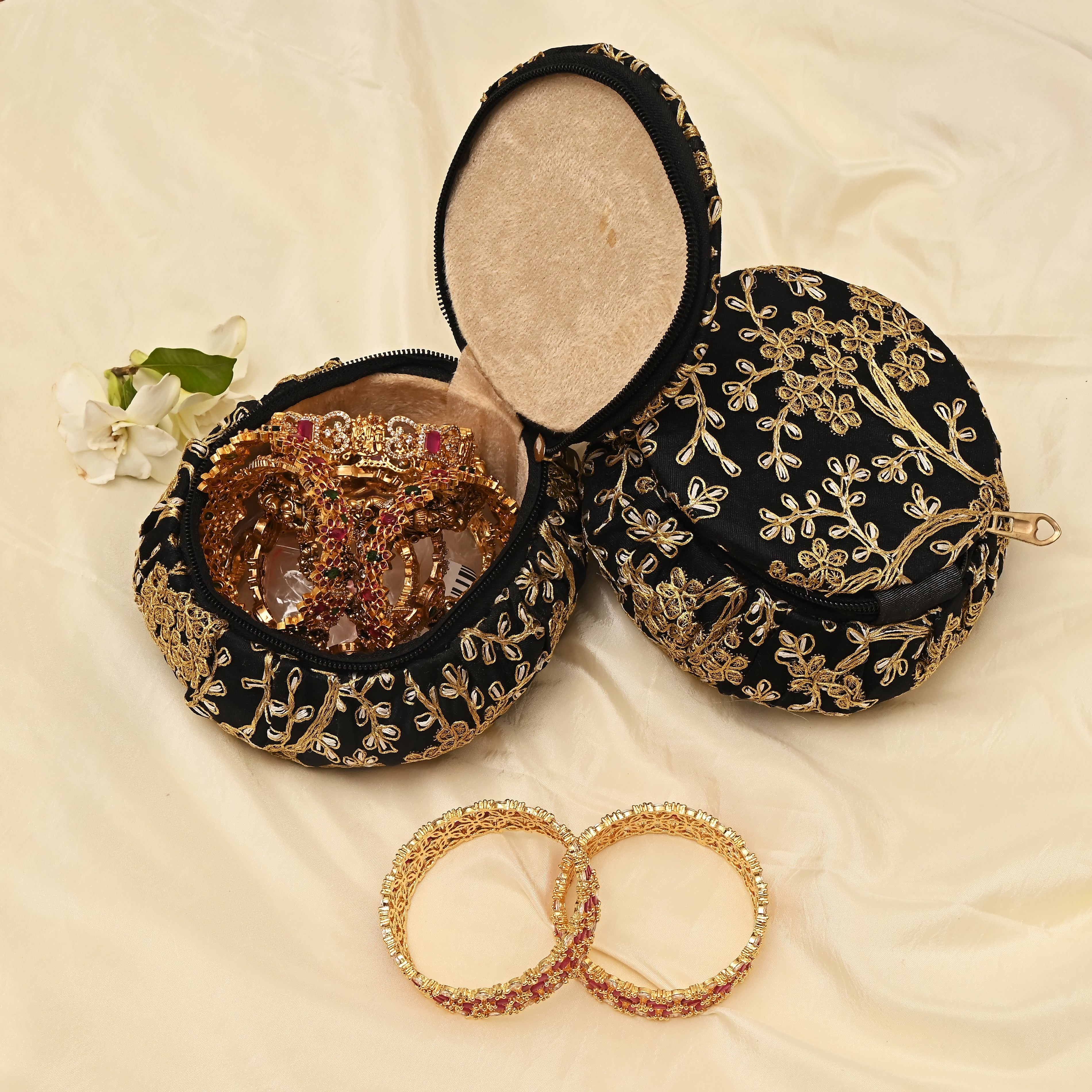 Exquisite Embroidered Silk Fabric Big Matki Bangle Box - The Perfect Return Gift For All Ages - Black