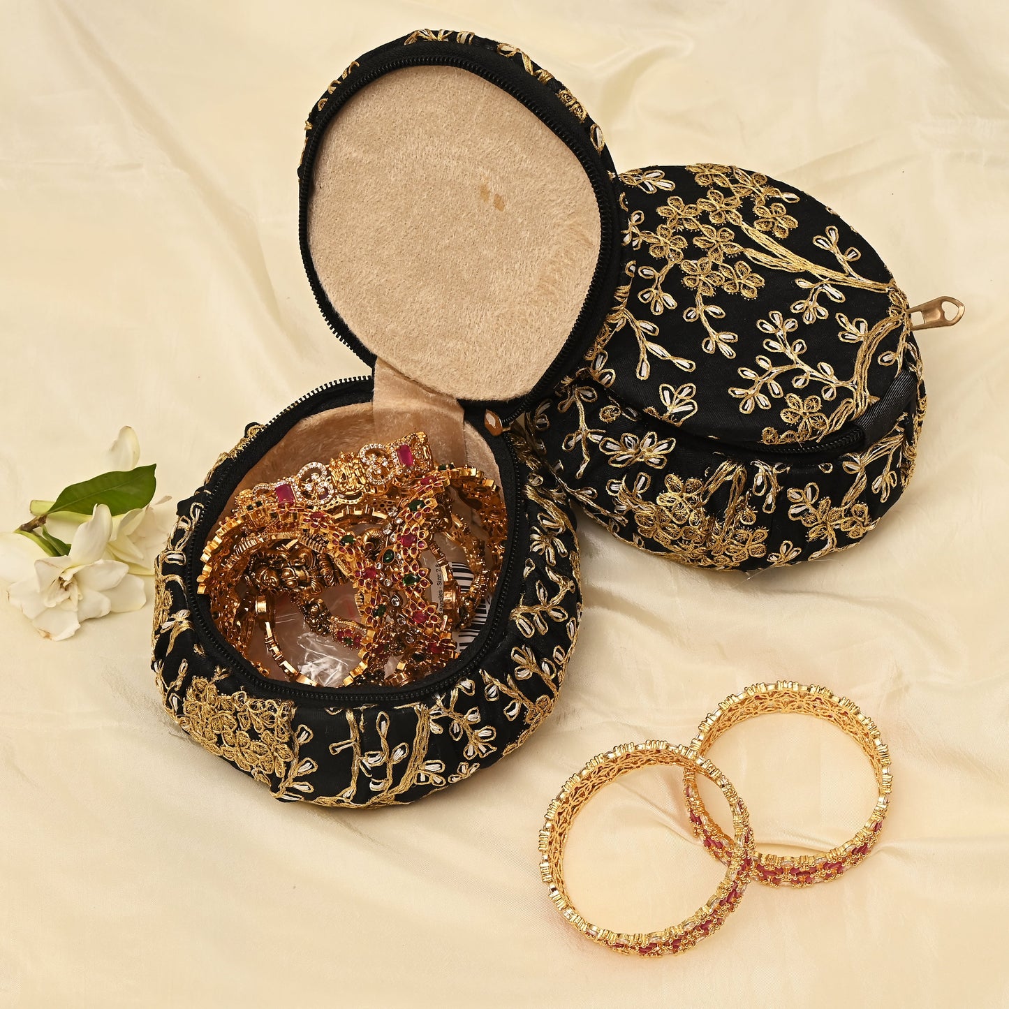 Exquisite Embroidered Silk Fabric Big Matki Bangle Box - The Perfect Return Gift For All Ages - Black