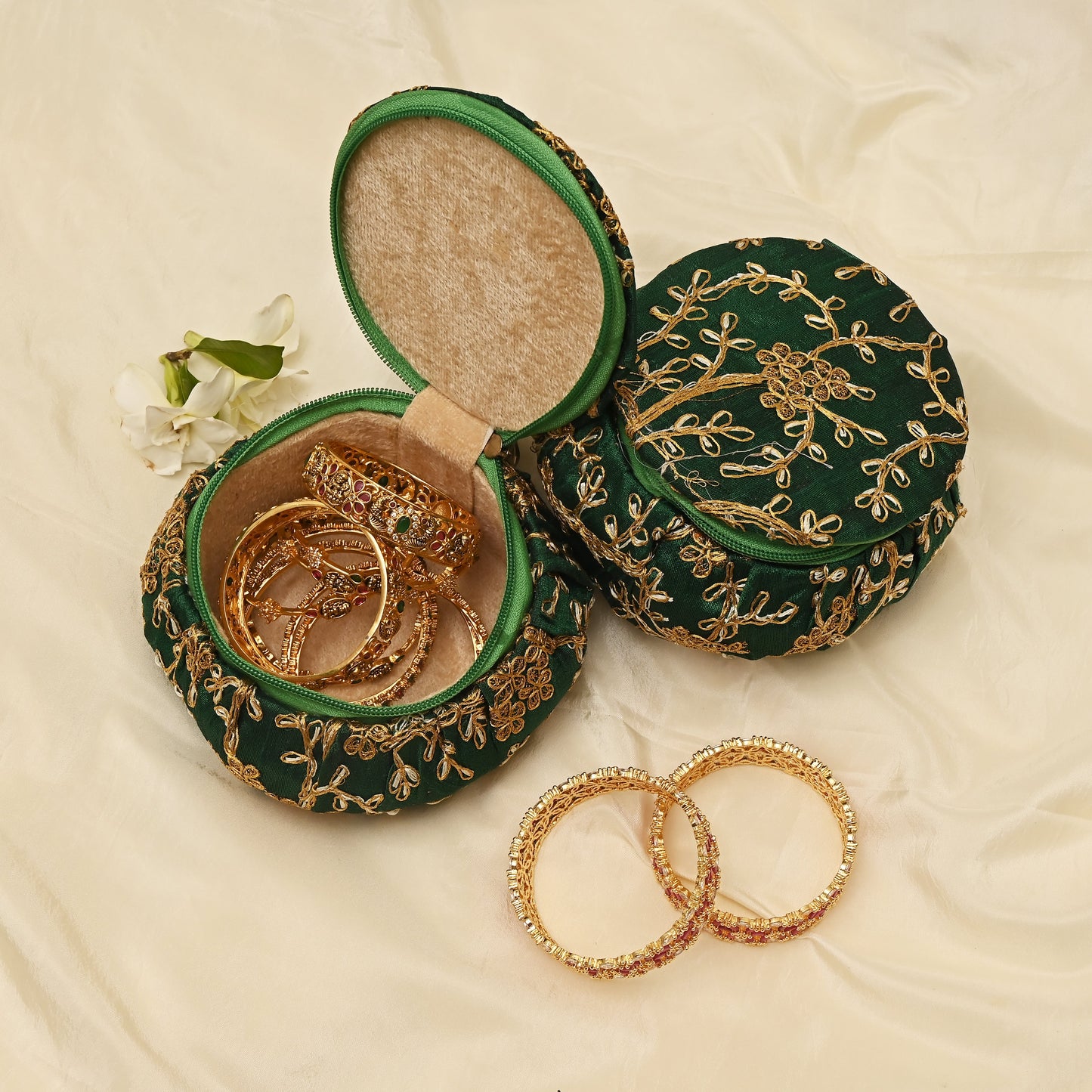 Exquisite Embroidered Silk Fabric Big Matki Bangle Box - The Perfect Return Gift For All Ages - Green