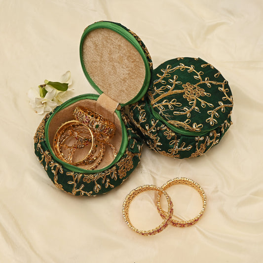 Exquisite Embroidered Silk Fabric Big Matki Bangle Box - The Perfect Return Gift For All Ages - Green