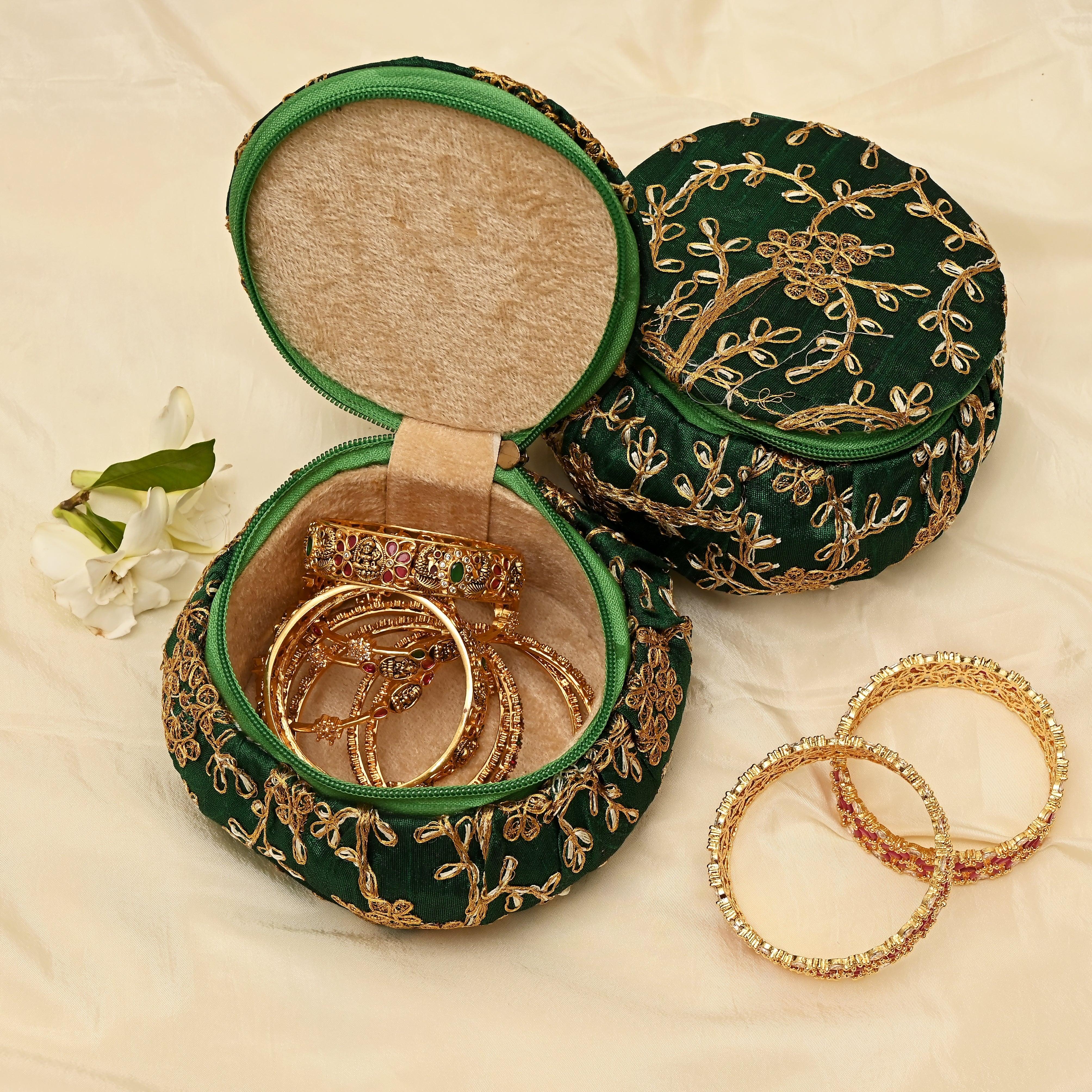 Exquisite Embroidered Silk Fabric Big Matki Bangle Box - The Perfect Return Gift For All Ages - Green