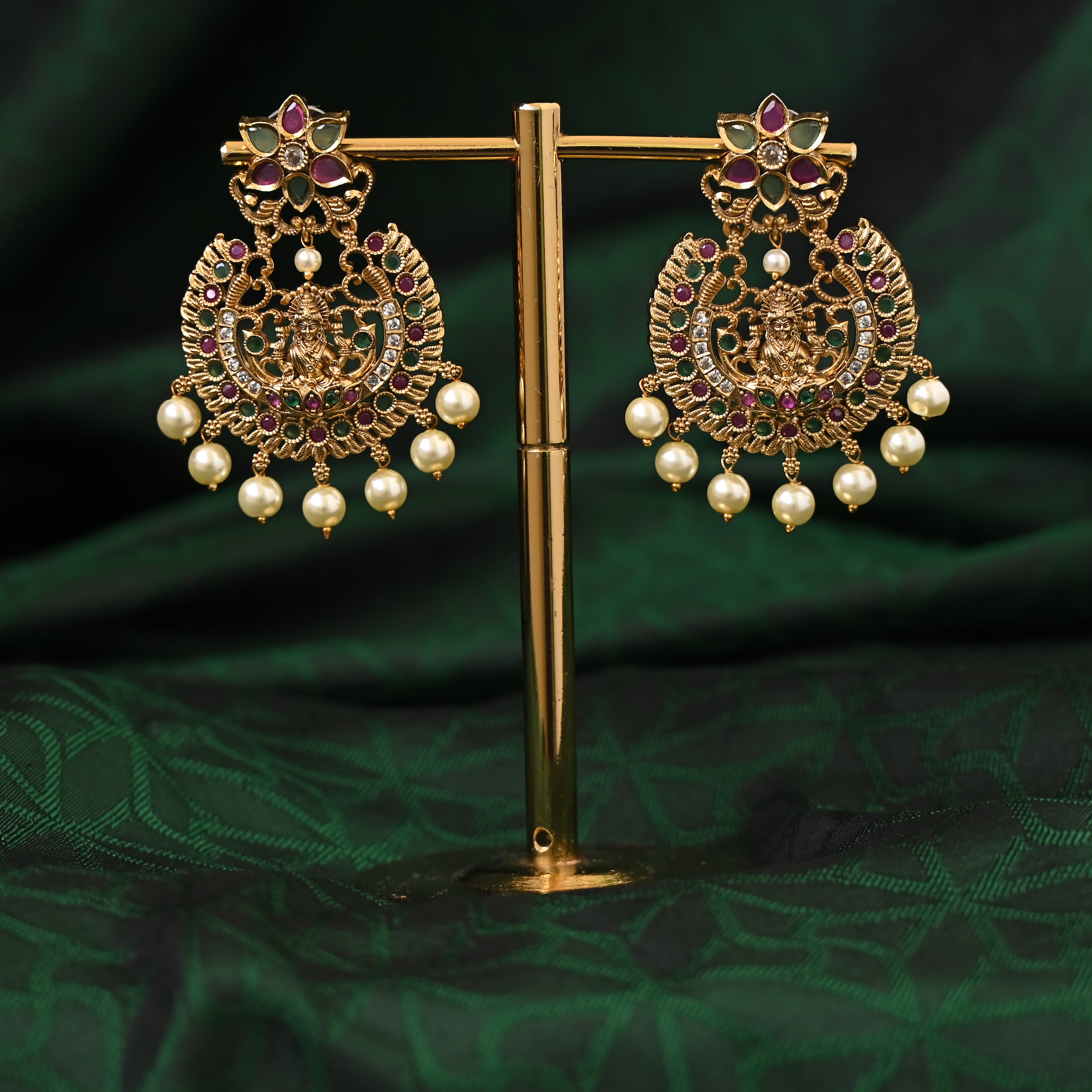 Lakshmi Devi Festive Bridal Chaandbali Earrings: Antique Gold with AD Kemp Embellishments