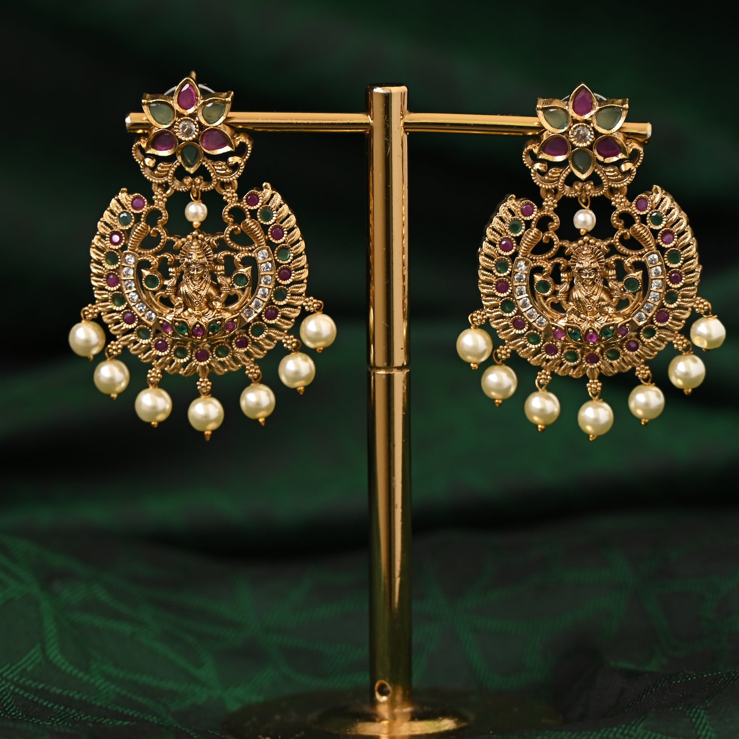 Lakshmi Devi Festive Bridal Chaandbali Earrings: Antique Gold with AD Kemp Embellishments