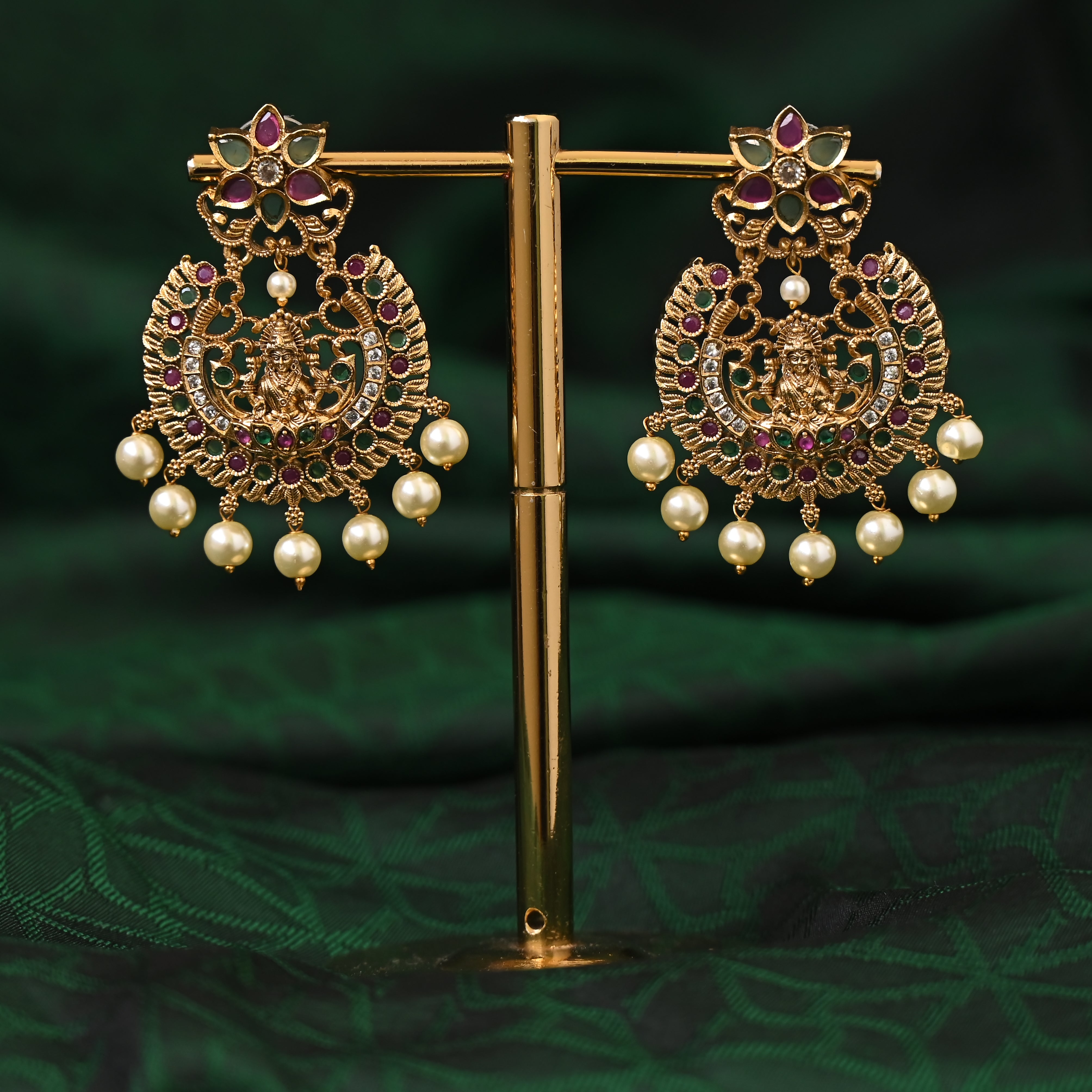 Lakshmi Devi Festive Bridal Chaandbali Earrings: Antique Gold with AD Kemp Embellishments