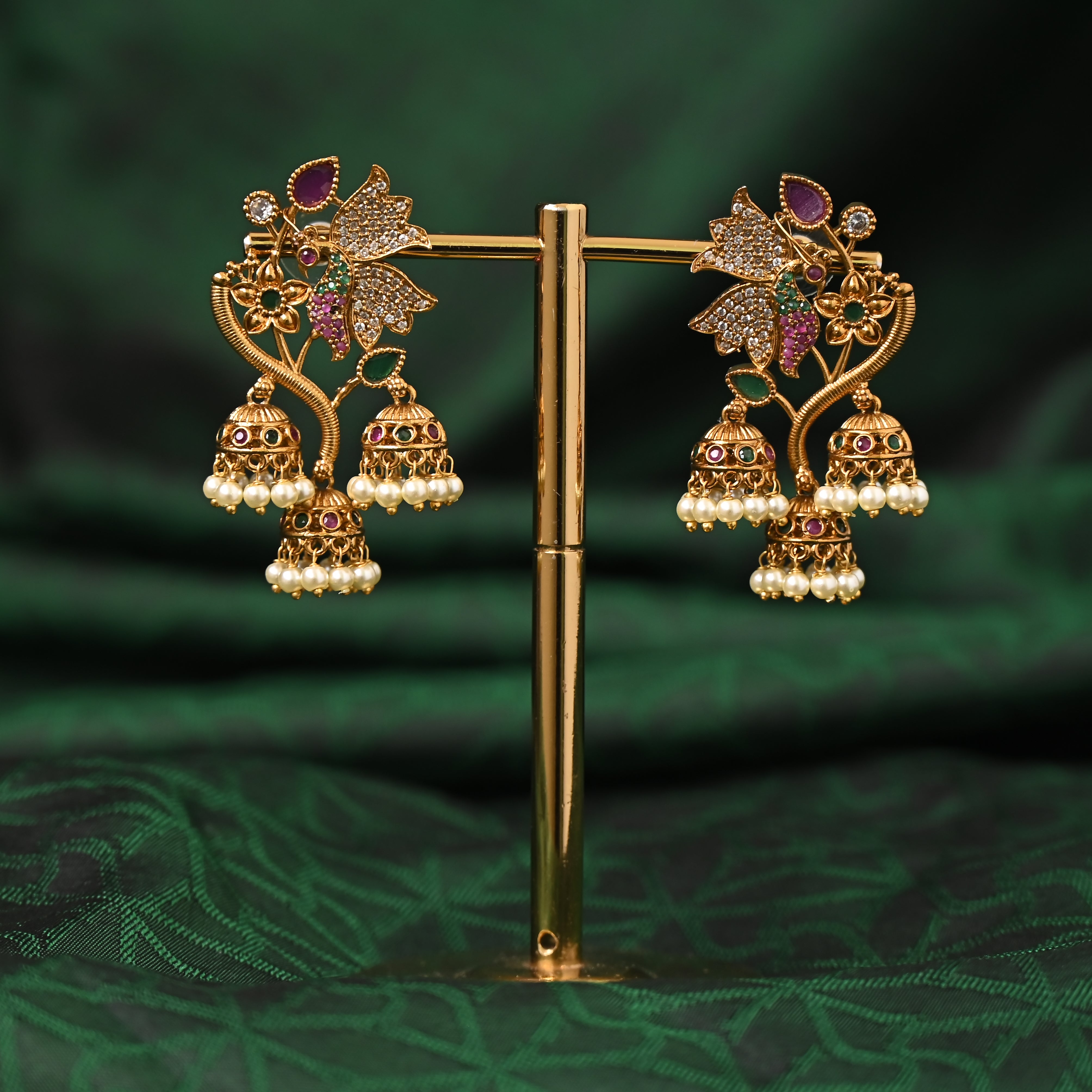 Designer 3 Jhumka Festive Earrings - AD Premium Kemp in Antique Gold