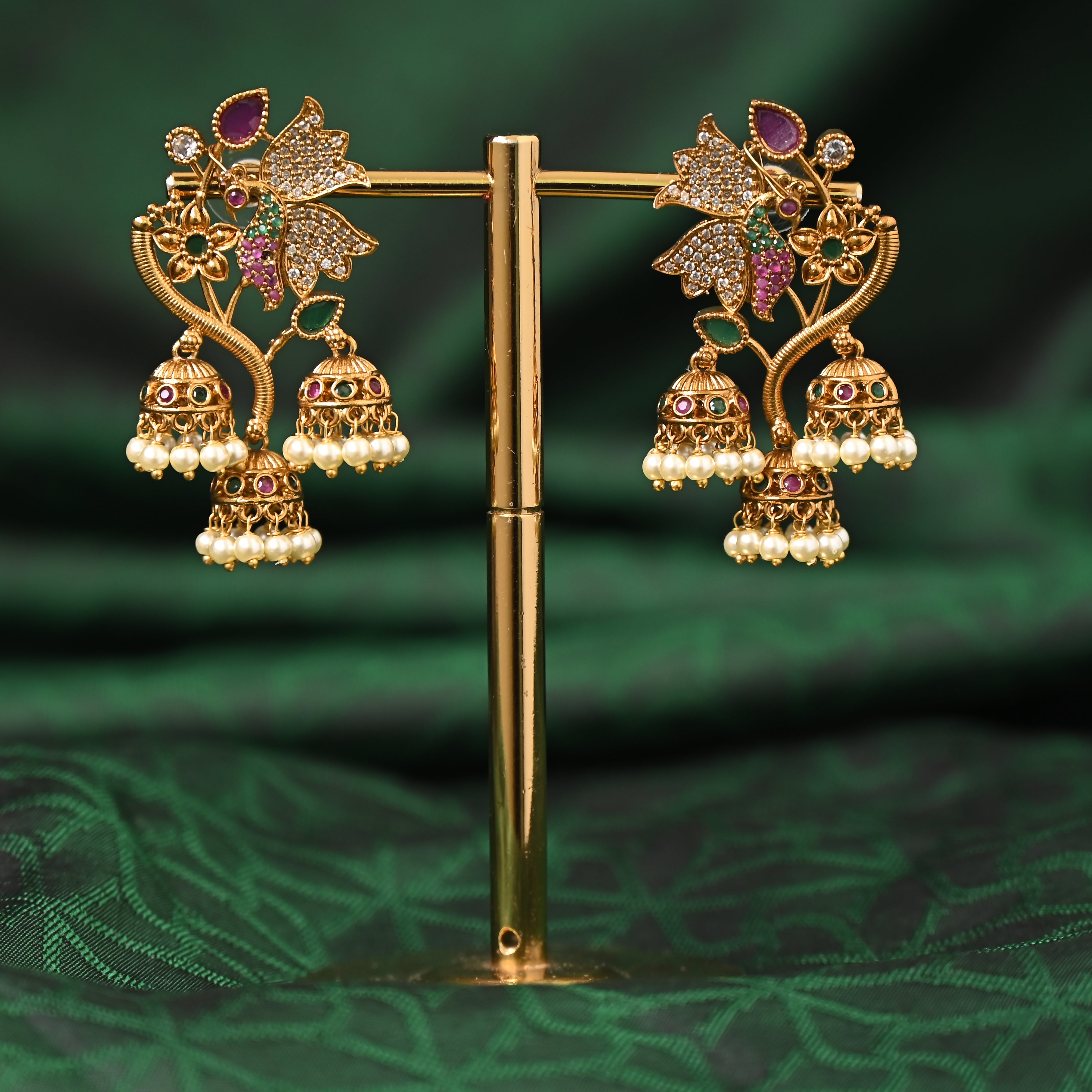 Designer 3 Jhumka Festive Earrings - AD Premium Kemp in Antique Gold