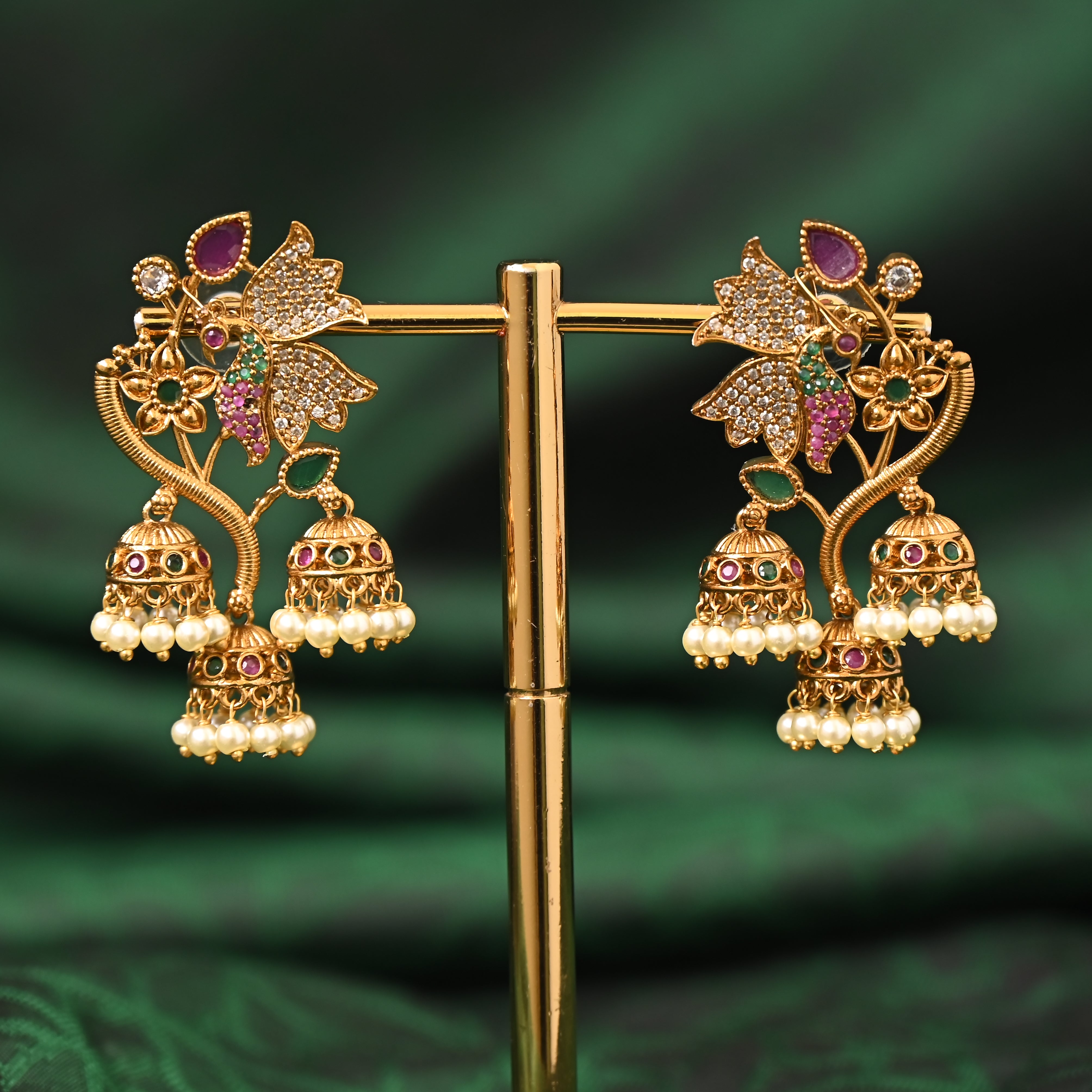 Designer 3 Jhumka Festive Earrings - AD Premium Kemp in Antique Gold