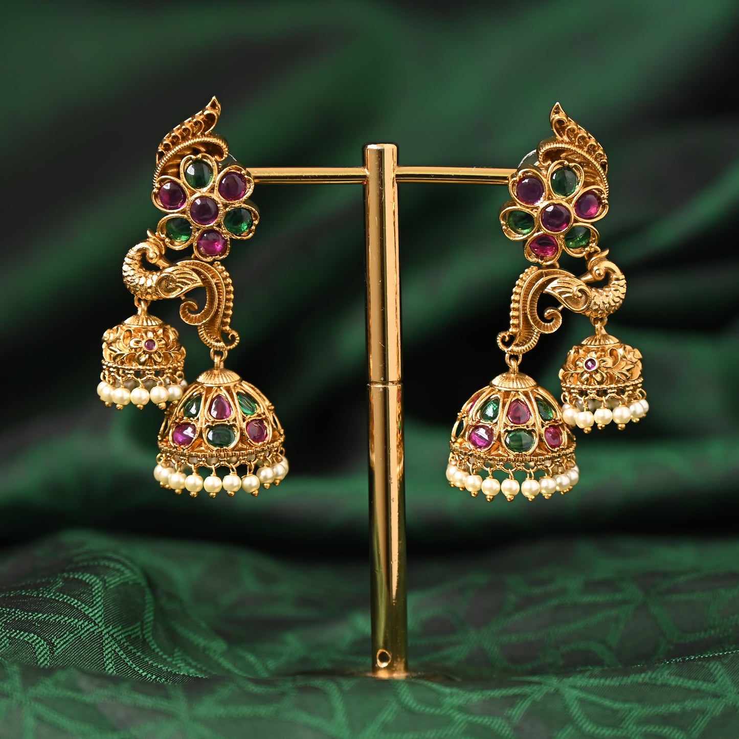Antique Gold Designer Peacock Premium Kemp Two Hanging Jhumkas Festive Earrings