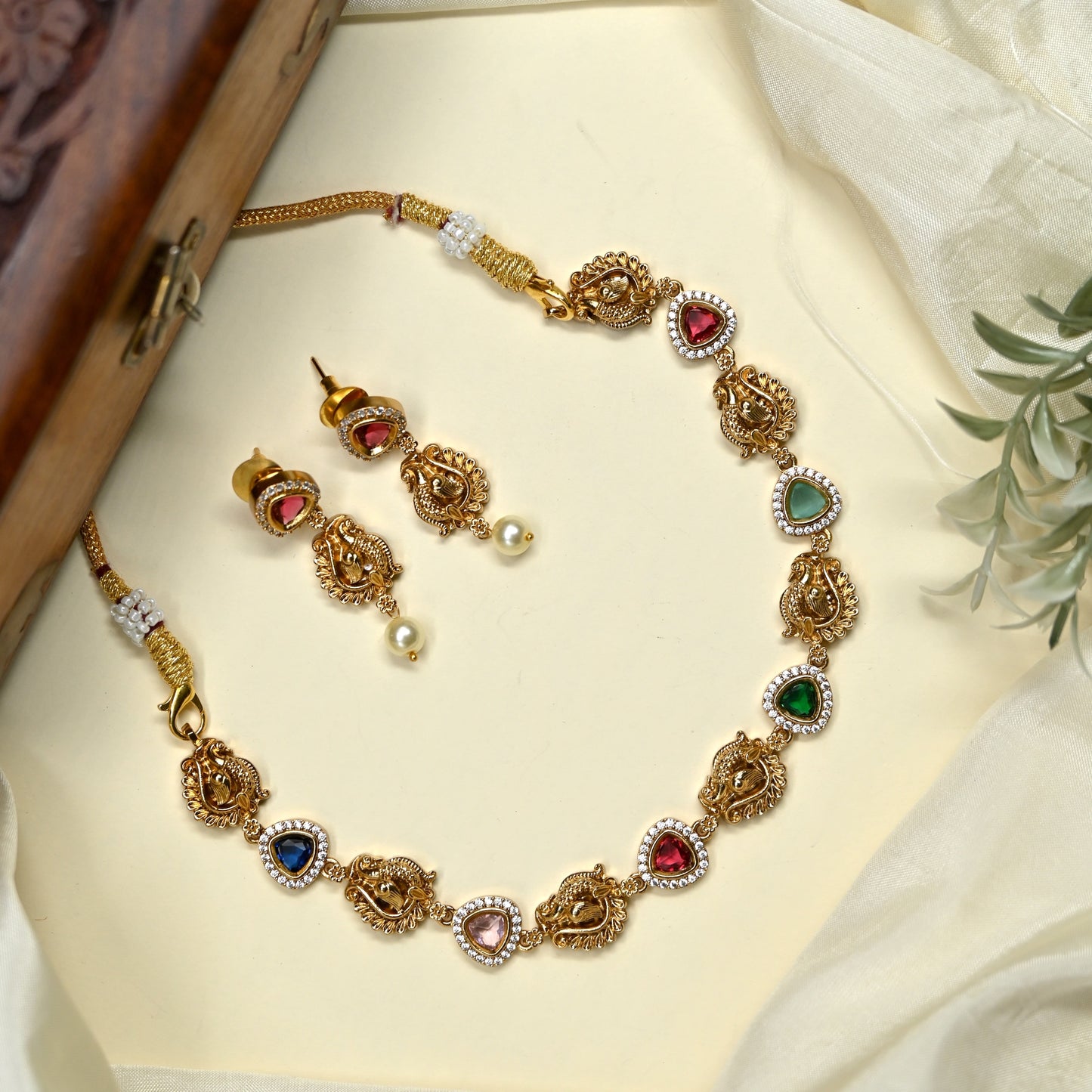 Real Gold Look Annapakshi AD CZ Stone Necklace Set