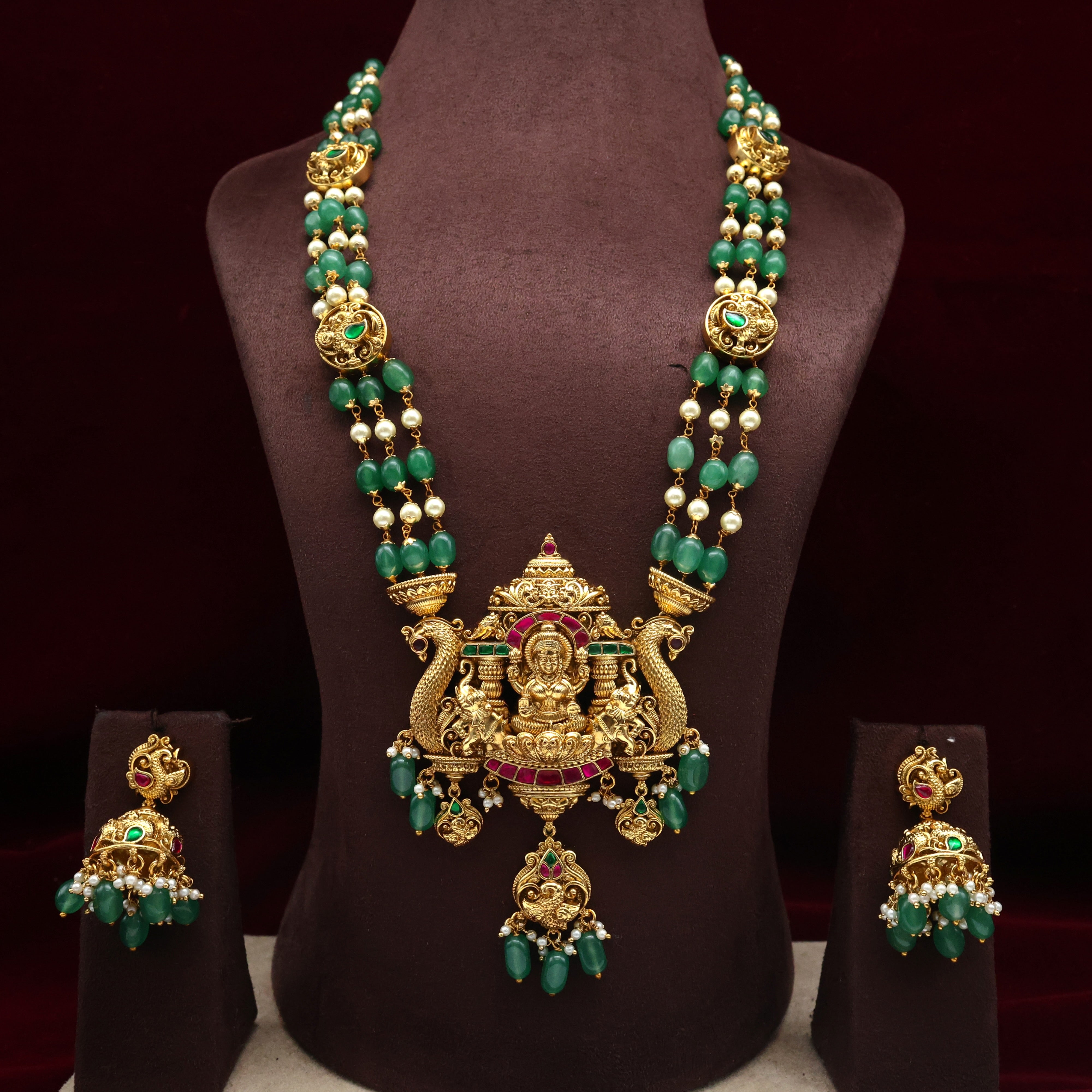 PREMIUM NAGAS JADAU KUNDAN MAHALAKSHMI ANNAM PENDANT 3 LAYER BEADED BRIDAL HAARAM - DARK GREEN