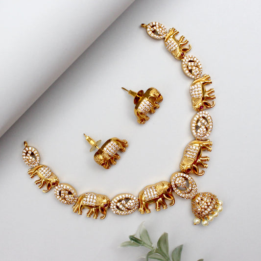 AD Elephants Antique Gold Necklace Set