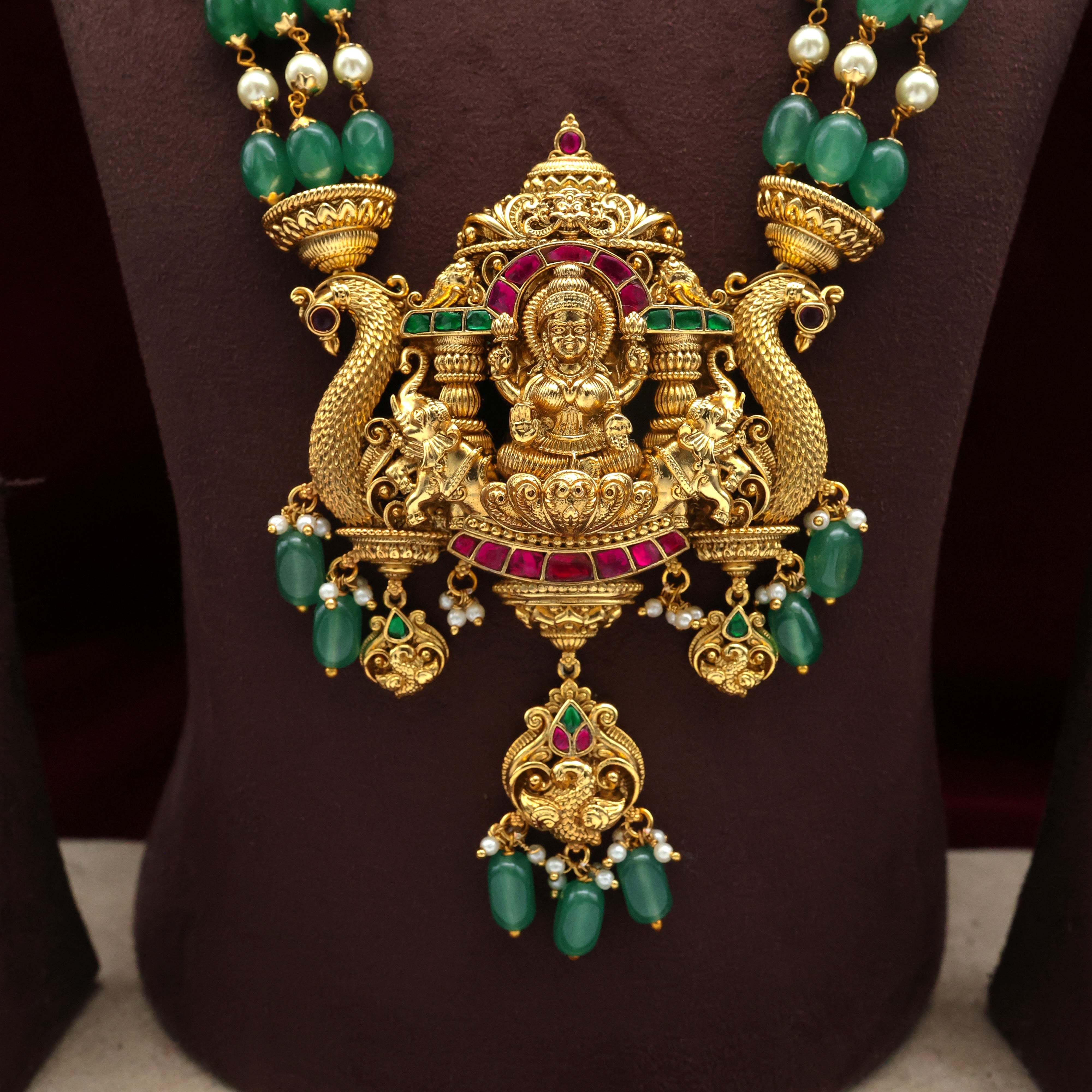 PREMIUM NAGAS JADAU KUNDAN MAHALAKSHMI ANNAM PENDANT 3 LAYER BEADED BRIDAL HAARAM - DARK GREEN