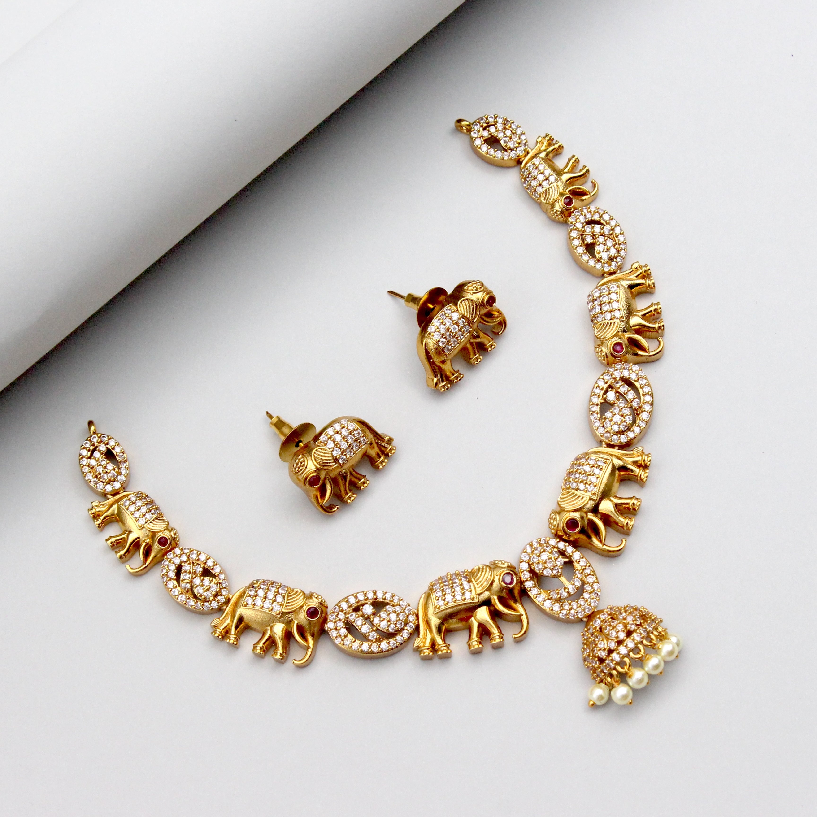 AD Elephants Antique Gold Necklace Set