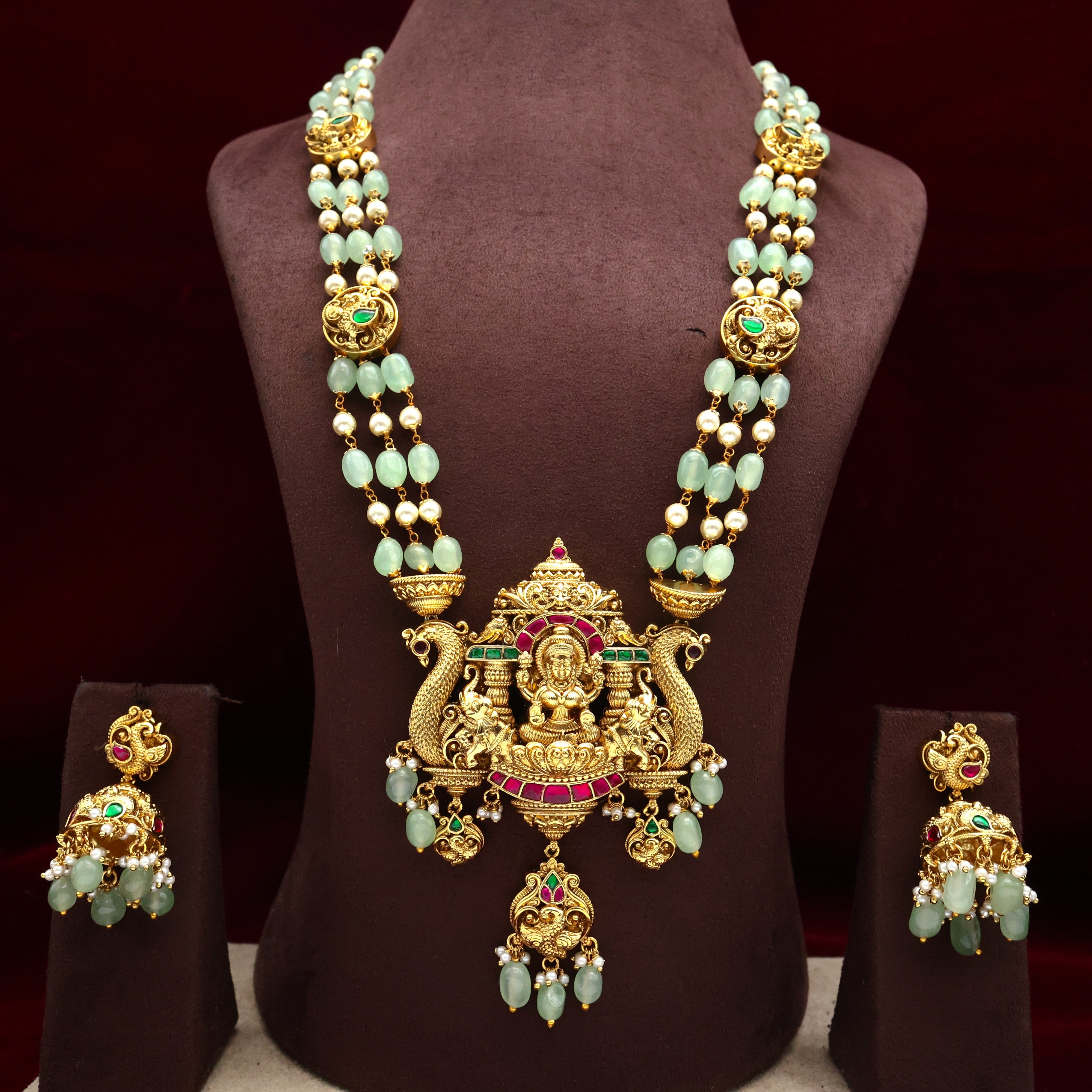 Premium Nagas Jadau Kundan Mahalakshmi Annam Pendant 3 Layer Beaded Bridal Haaram - Mint Green