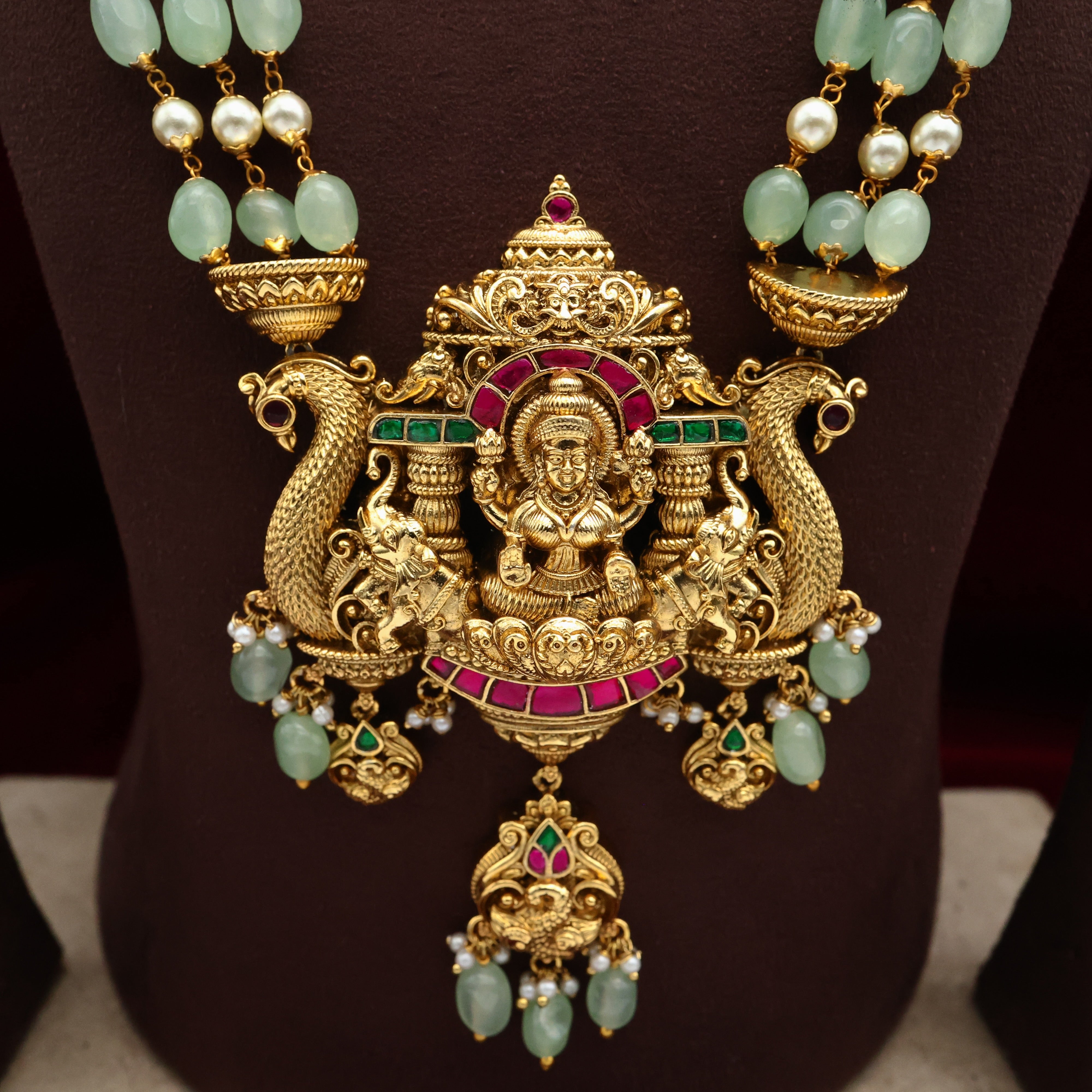 Premium Nagas Jadau Kundan Mahalakshmi Annam Pendant 3 Layer Beaded Bridal Haaram - Mint Green