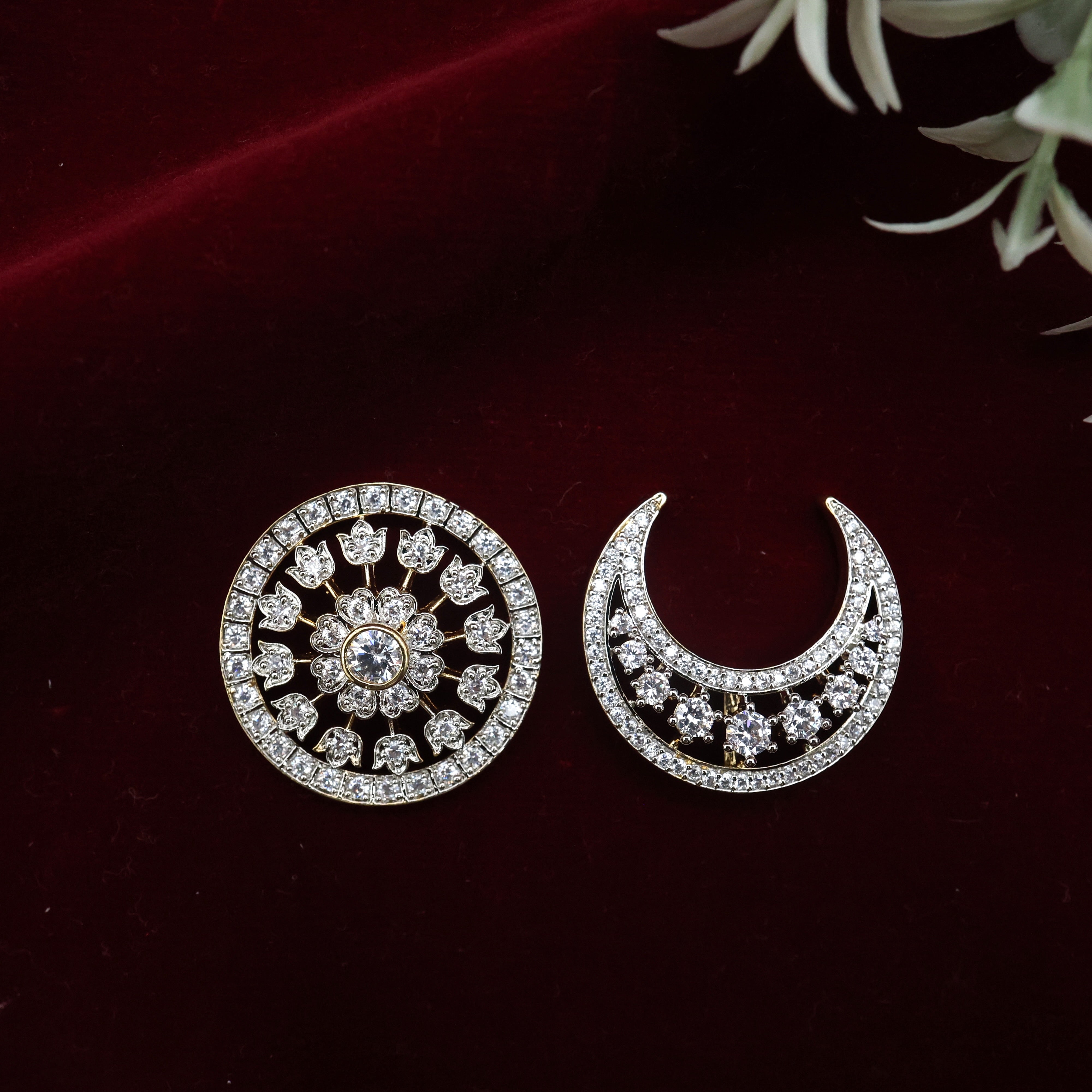 Diamond Look White AD Stones Bloomed Flower Sun Moon Jada Billa - Bridal Suryan Chandran Jadai Billais
